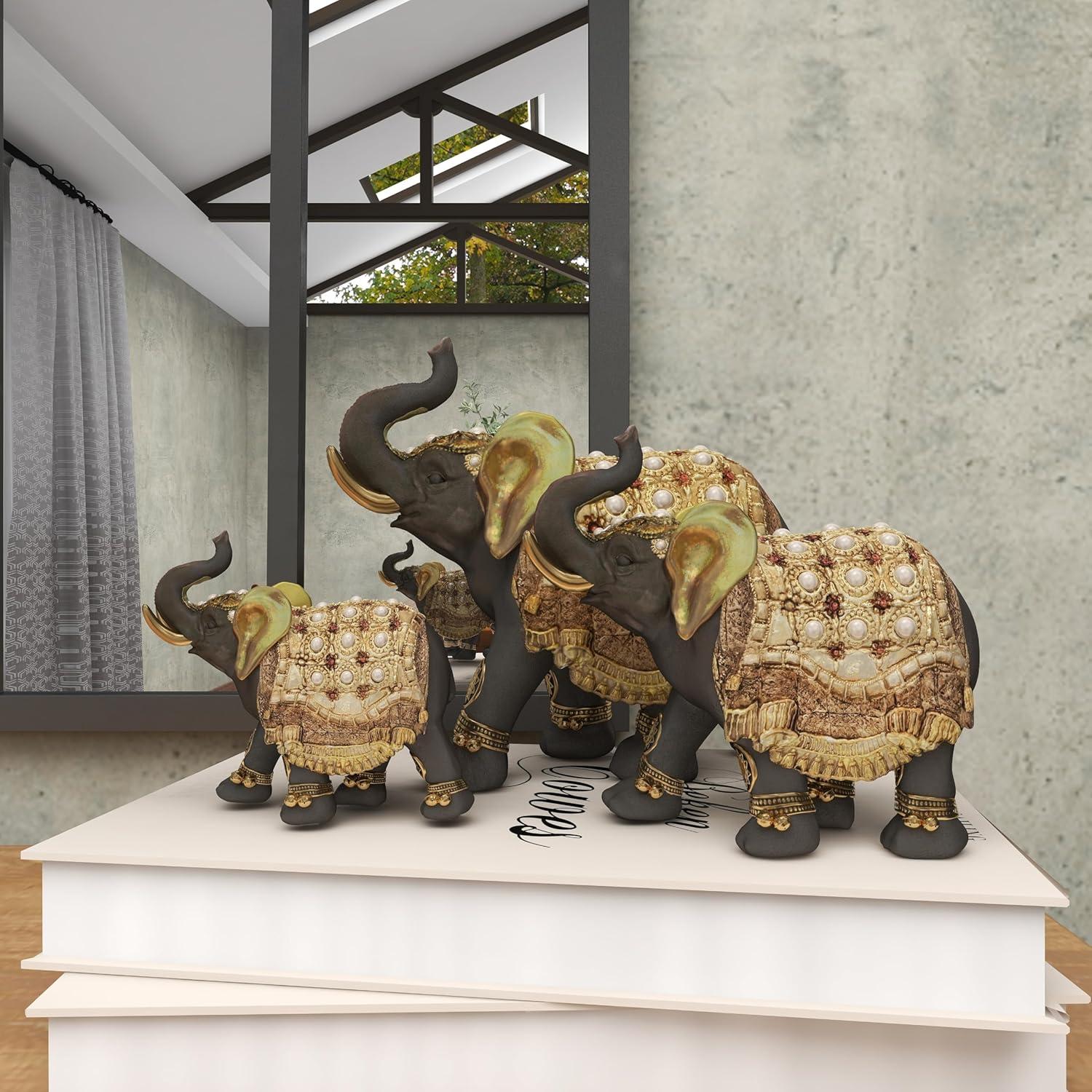 World Menagerie Alfhild Polystone Handmade Decorated Elephant Gold Sculpture with Ornate Dresswear and Pearl Accents Set
