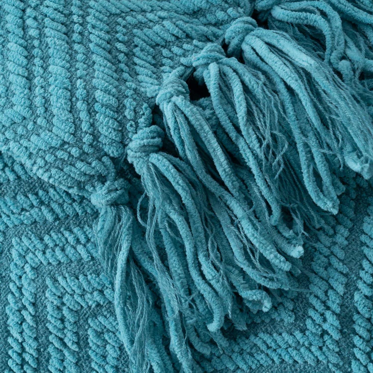 Teal Knitted Zig-Zag Throw Blanket with Tassels, 50"x60"