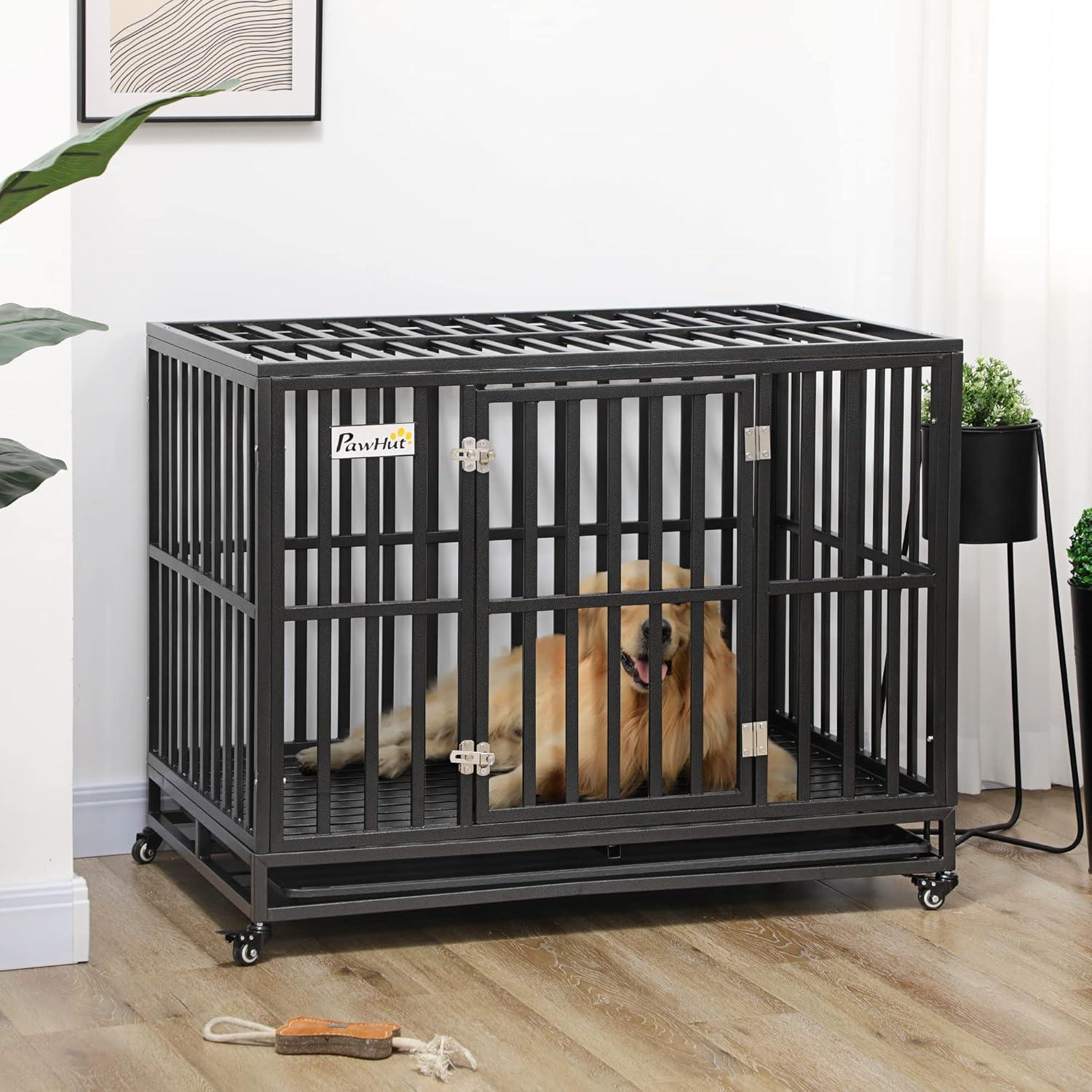 PawHut 44" Heavy Duty Dog Crate Metal Kennel and Cage Dog Playpen with Lockable Wheels, Slide-out Tray and Anti-Pinching Floor
