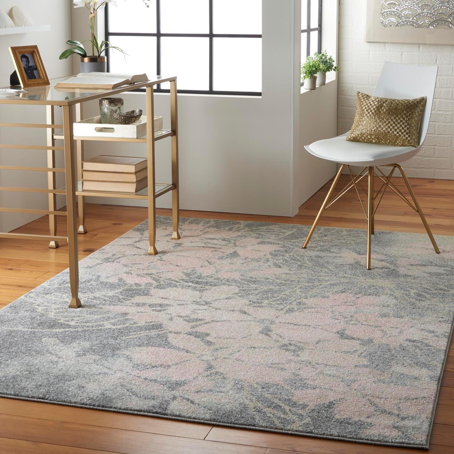 Elegant Floral Whisper 6' x 9' Grey & Pink Reversible Area Rug