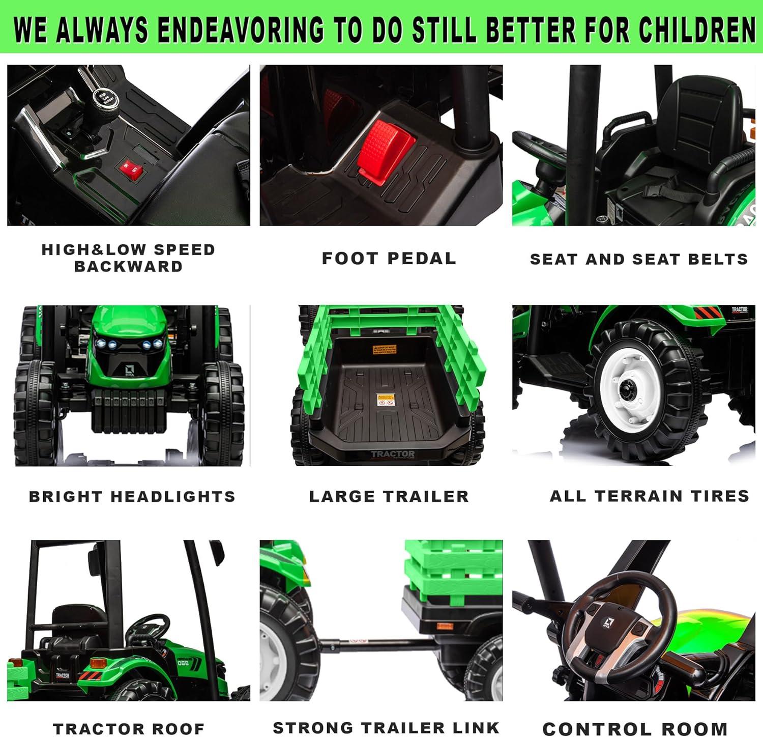 24V Green Kids Ride-On Tractor with Trailer and Loader