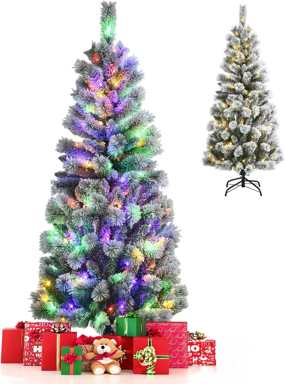 Gymax 5 ft Pre-lit Snow Flocked Artificial Christmas Tree w/ Multi-Color LED Lights