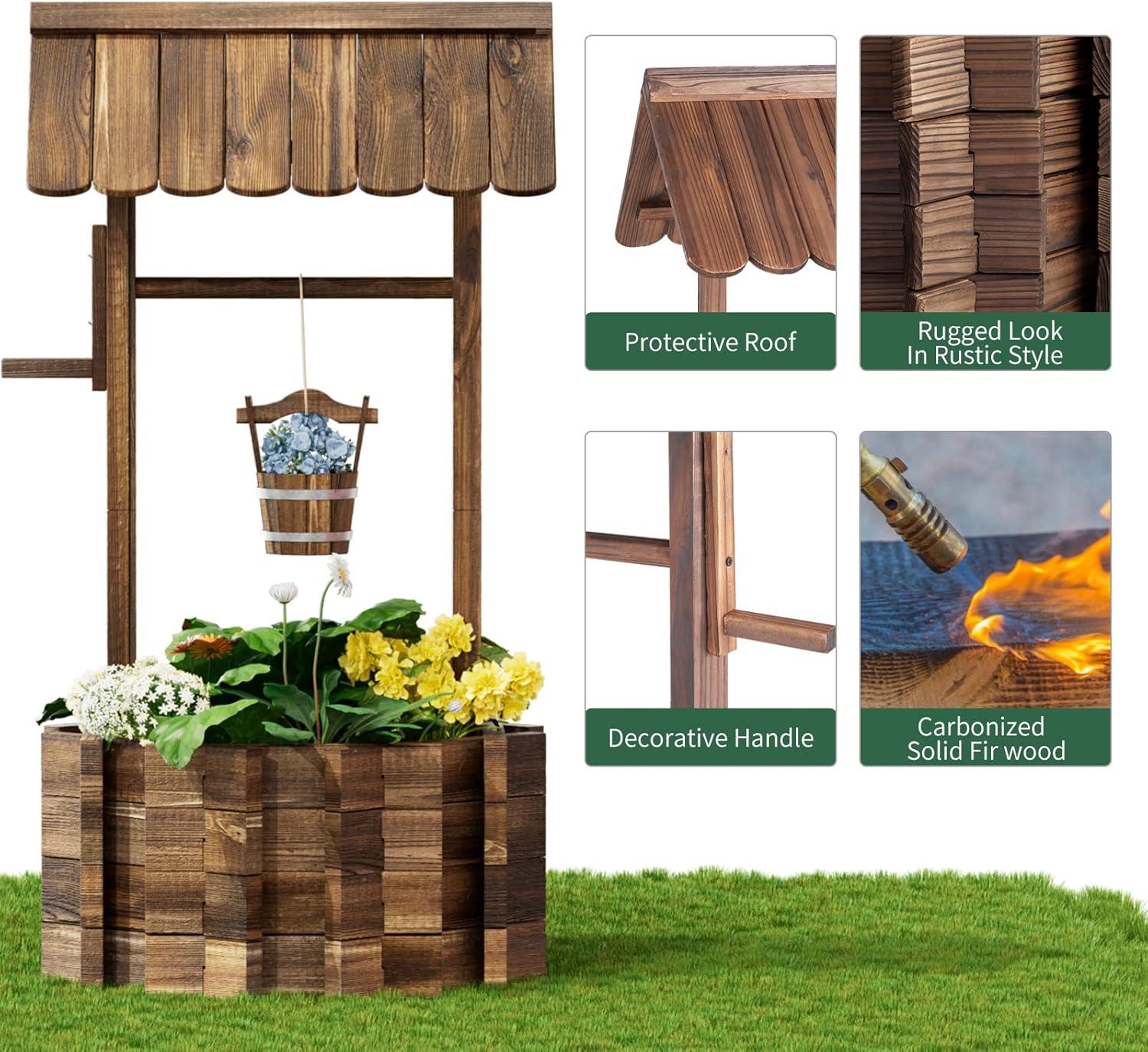 Rustic Brown Fir Wood Hanging Wishing Well Planter