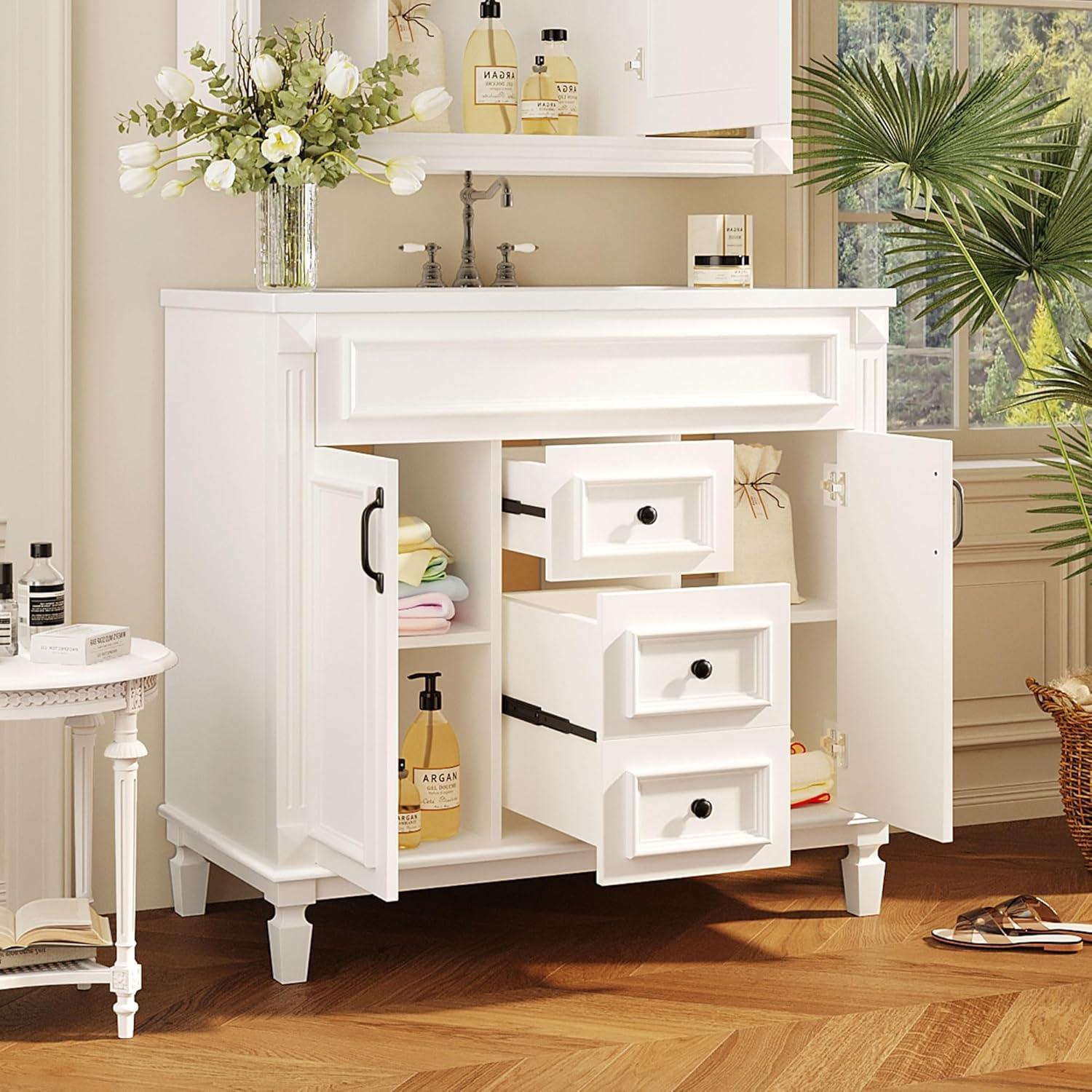 White Freestanding Bathroom Vanity with Ceramic Sink and Storage