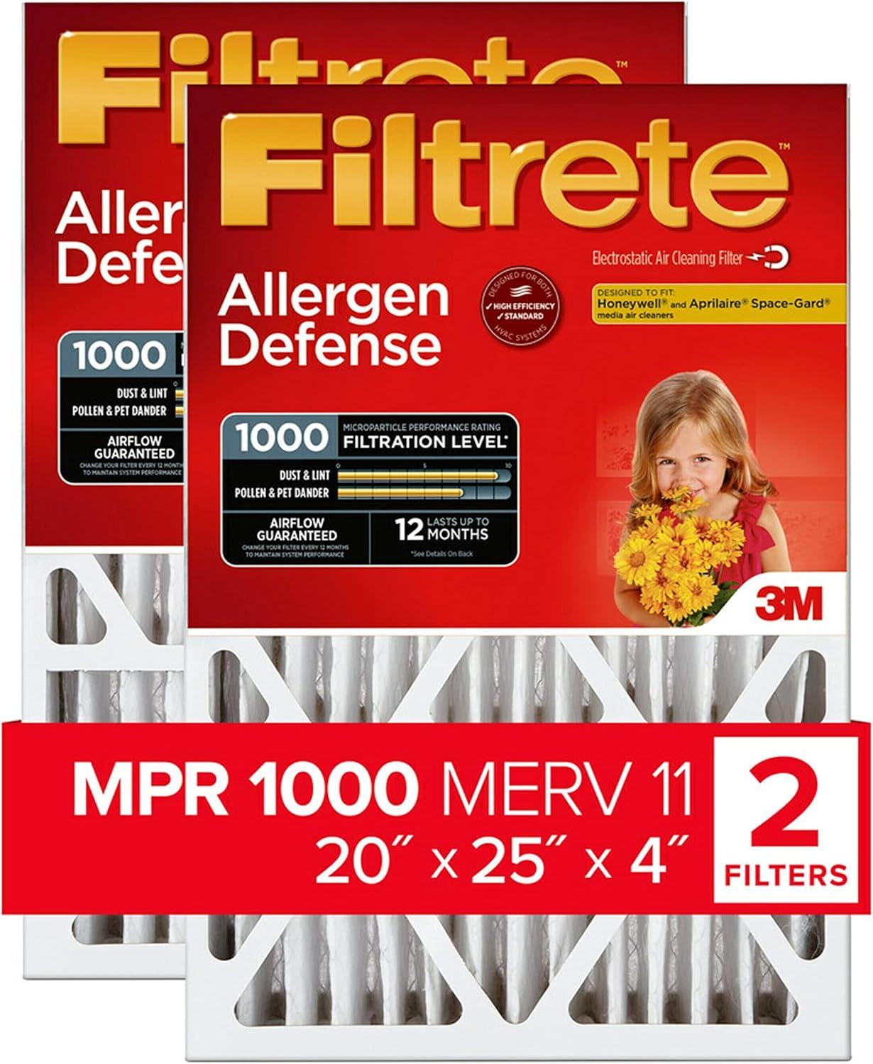 Filtrete 20x25x4 Air Filter, MPR 1000 MERV 11, Allergen Defense, 2 Filters