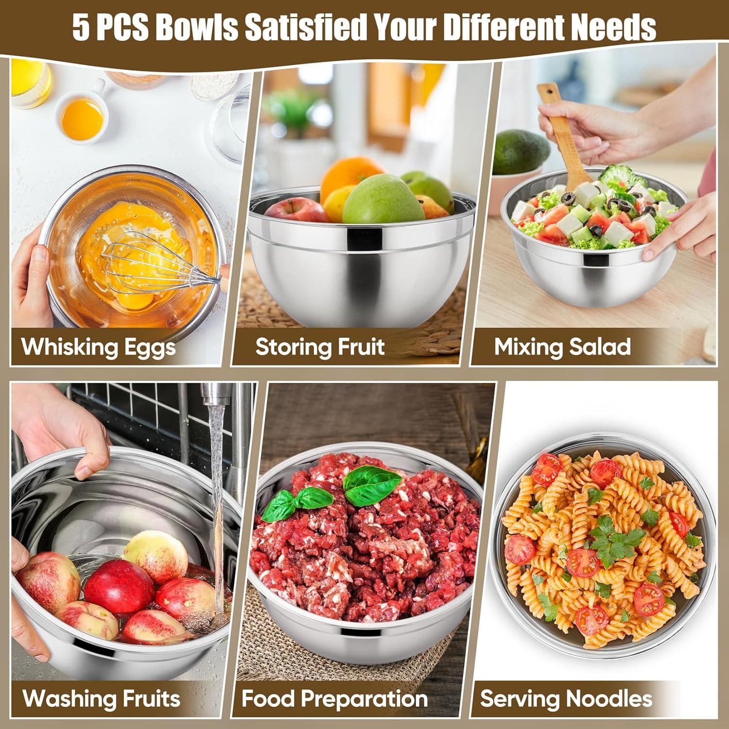 Toledo Bath & Kitchen Stainless Steel Mixing Bowls With Lids, 5-Pack Metal Nesting Bowls With Airtight Covers For Cooking, Baking, Serving, Storage, Non-Toxic & Dishwasher Safe, Size 4.6/3/1.5/1/0.7QT - Khaki