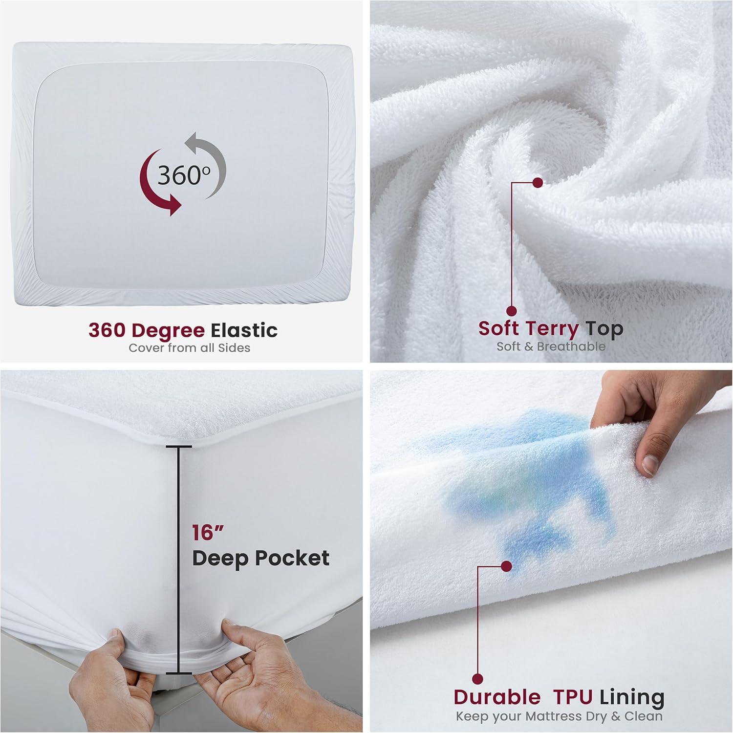 Lux Decor Collection Poly Cotton Terry Top Fitted Mattress Protector Waterproof Hypoallergenic