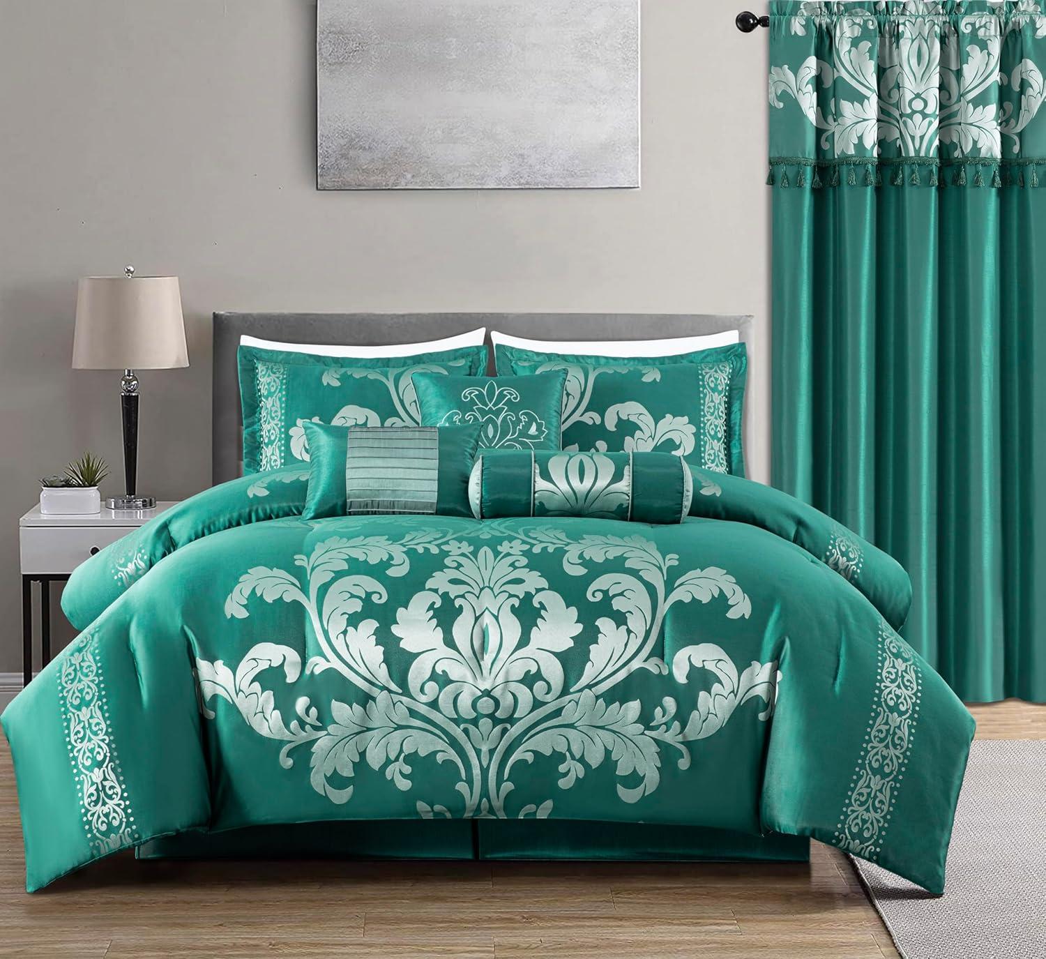 Queen Green and Silver Jacquard Floral Comforter Set