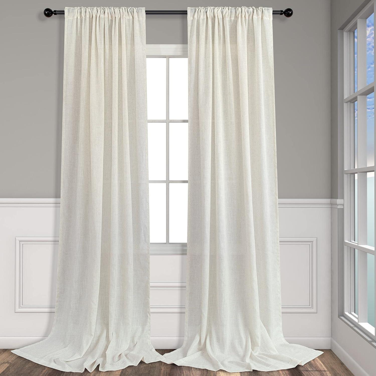 Ivory Cream Curtains 86 Inches Long For Living Room 2 Panel Set Back Tab Pocket Light Filtering Semi Sheer Linen Pleat Curtains Rustic Farmhouse Boho Decor Cotton Textured Gauze Drapes 52 X 86