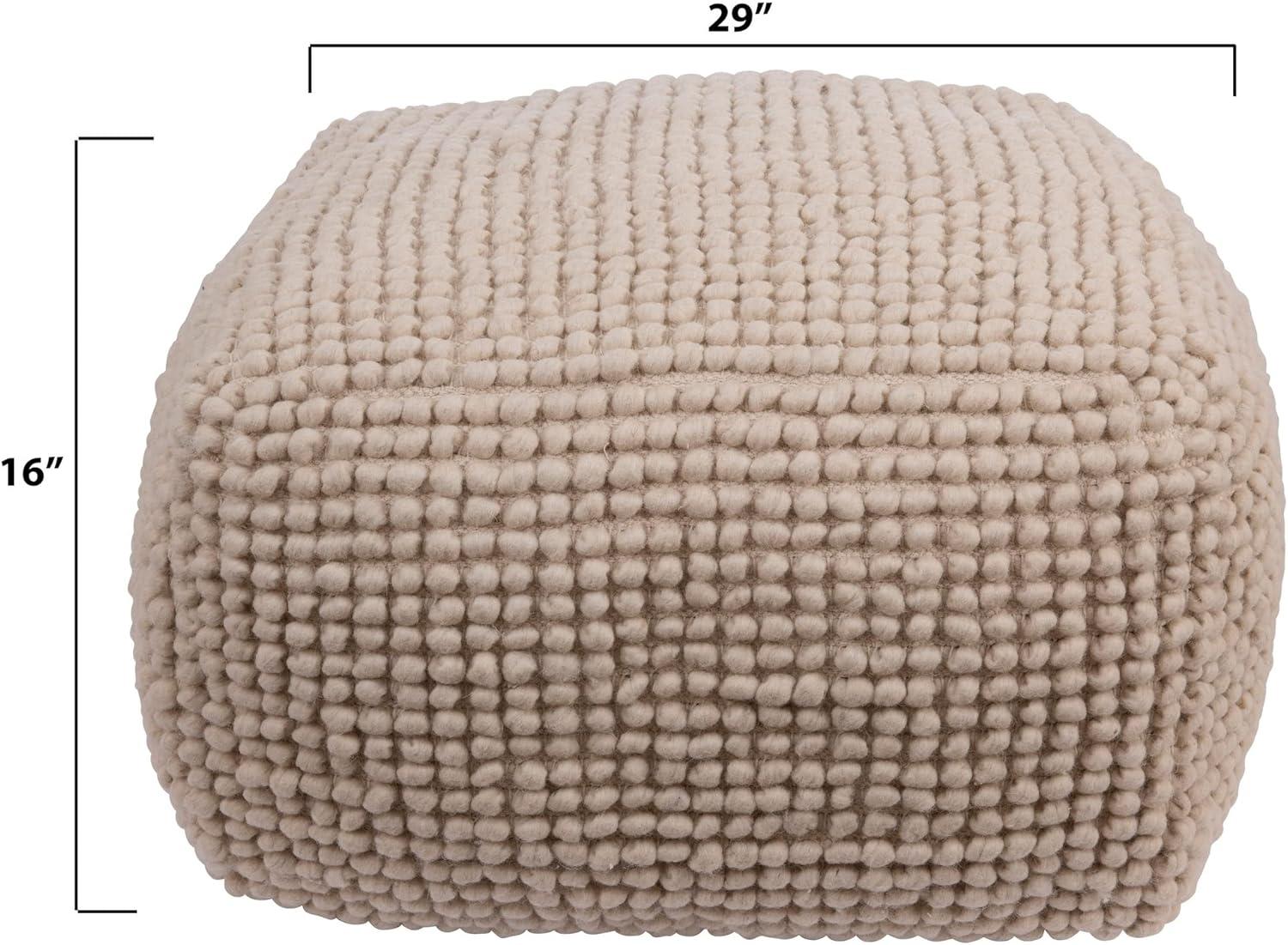 Storied Home New Zealand Pouf Natural: 18" Square Upholstered Ottoman, Wool & Cotton Blend, No Assembly Required