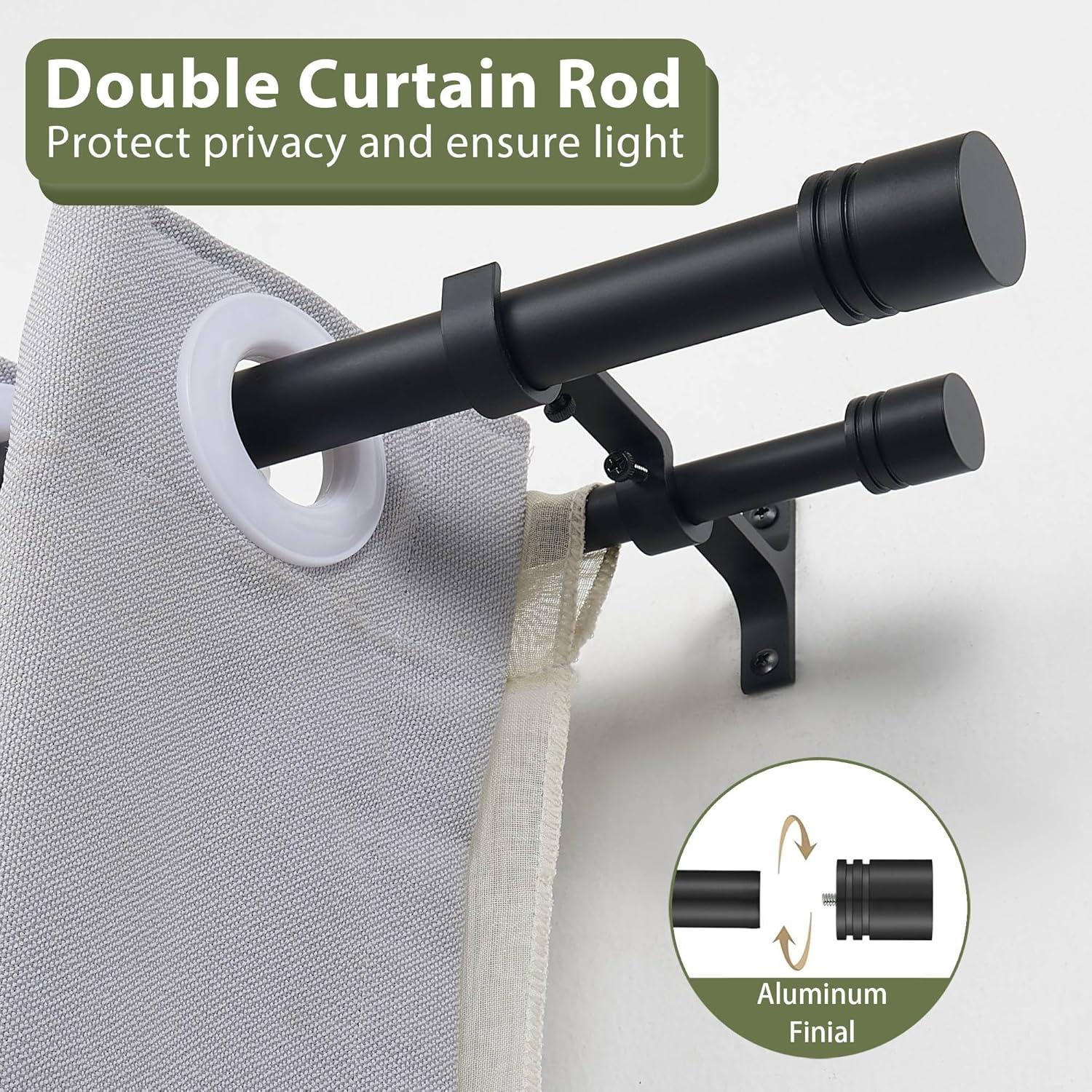 Adjustable Black Double Curtain Rod with Cylindrical Finials