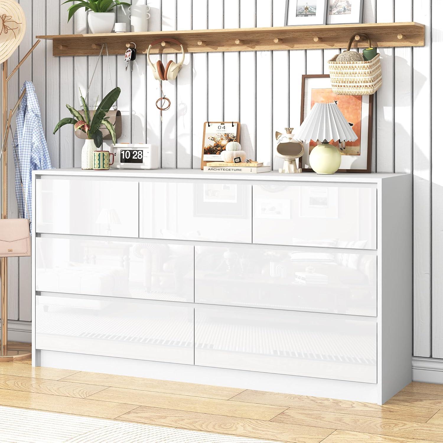 Ebern Designs White Dresser for Bedroom with 7 Drawers, Modern High Gloss Large Dresser with 7 Handle Free Drawers, 55 Inch Wooden Long Dresser, Storage Chest of Drawers