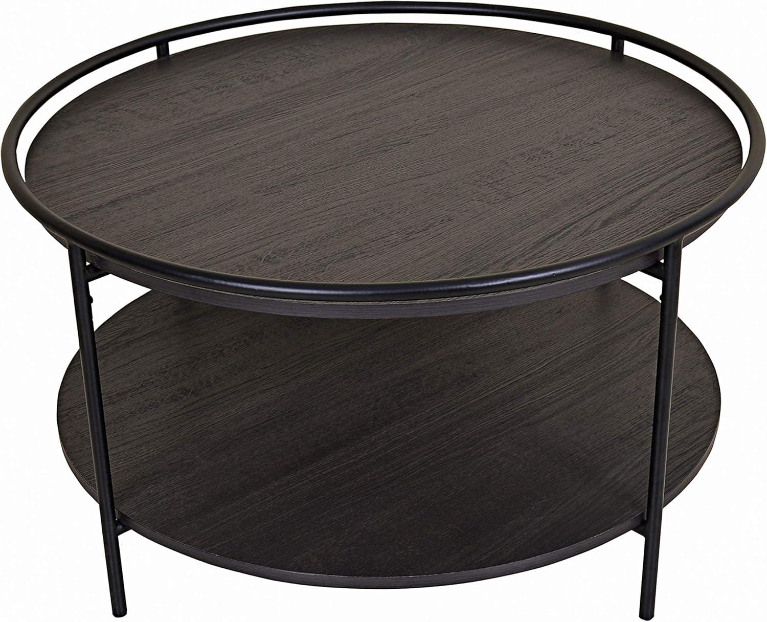 Nathan James Paloma Round Coffee Tea or Cocktail with Raised Tray Top Edge Tables, 2-Tier Minimalist Style Living Room, Dark Oak/Matte Black
