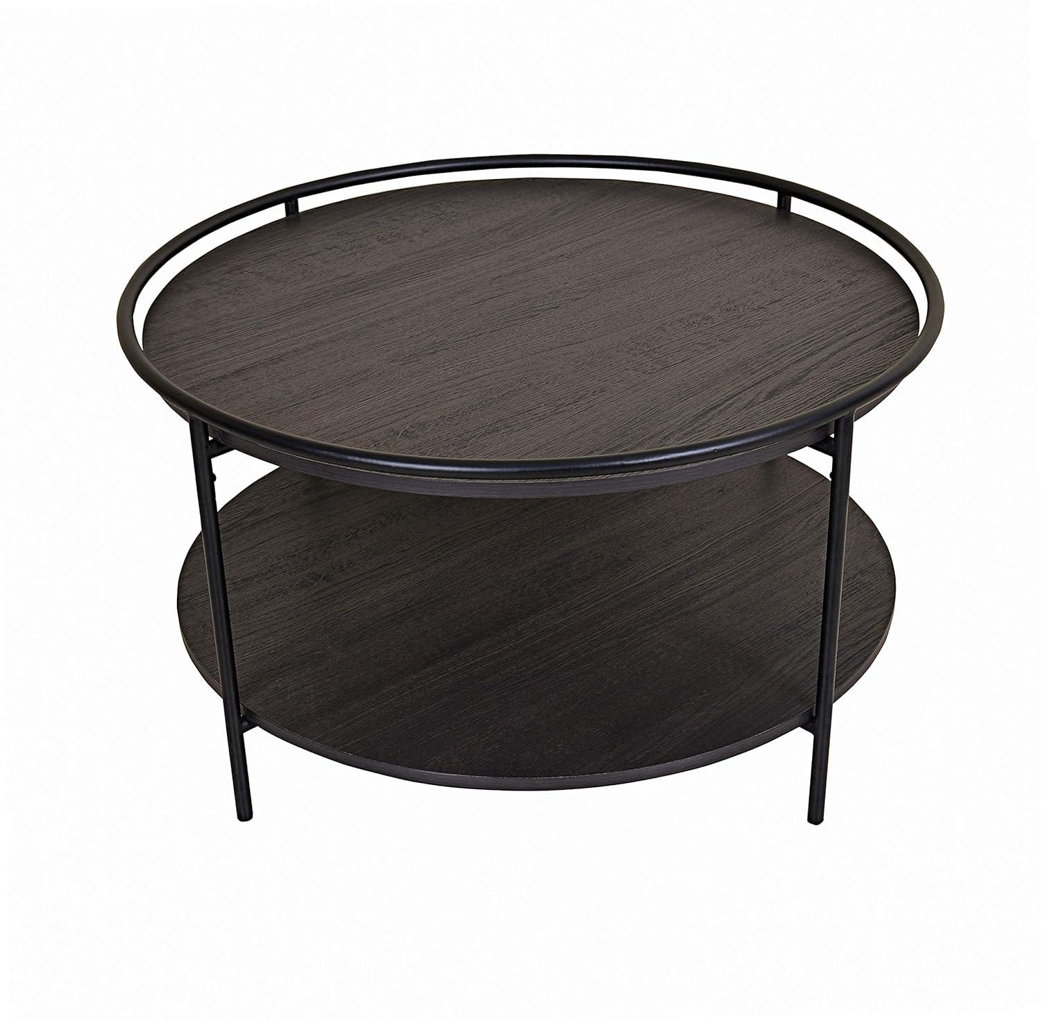 Nathan James Paloma Round Coffee Tea or Cocktail with Raised Tray Top Edge Tables, 2-Tier Minimalist Style Living Room, Dark Oak/Matte Black