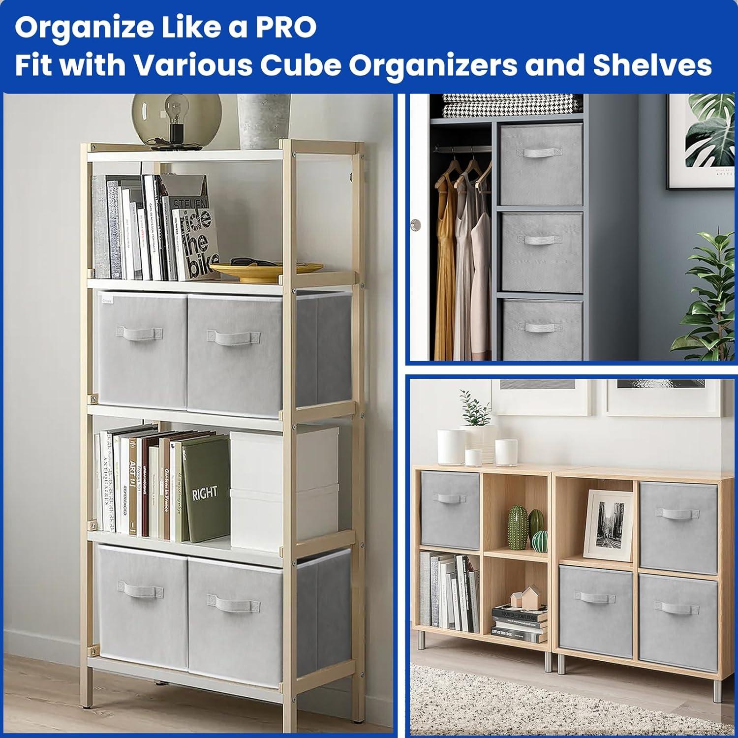 11 Inch Fabric Storage Cubes with Dual Handles, Collapsible Cube Bins for Shelves (10 Pack), Foldable Baskets for Clothes, Closet Organizers and Storage Box (Grey)