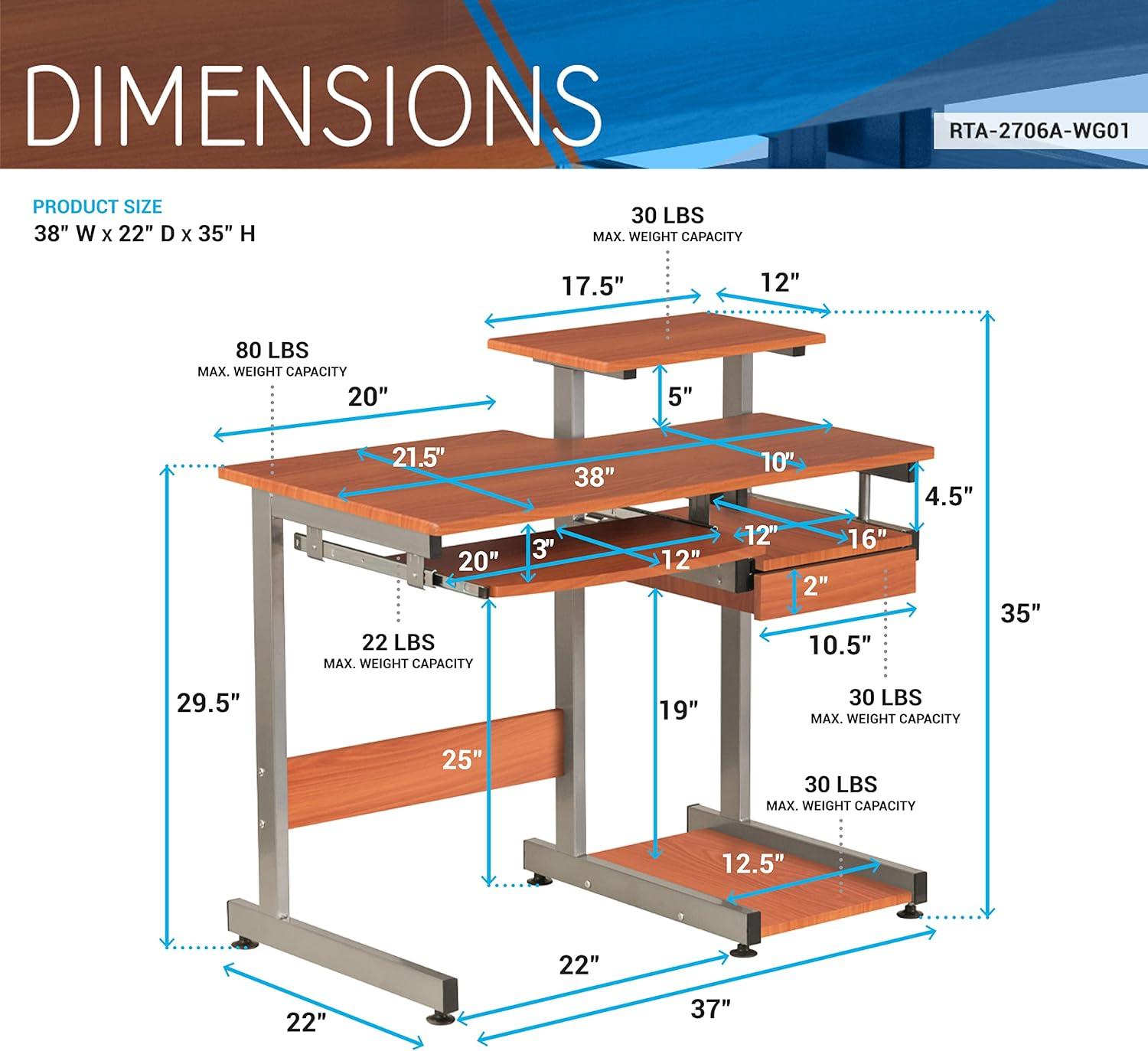 Techni Mobili Complete Computer Workstation Desk, Scratch Resistant Steel Legs, Woodgrain