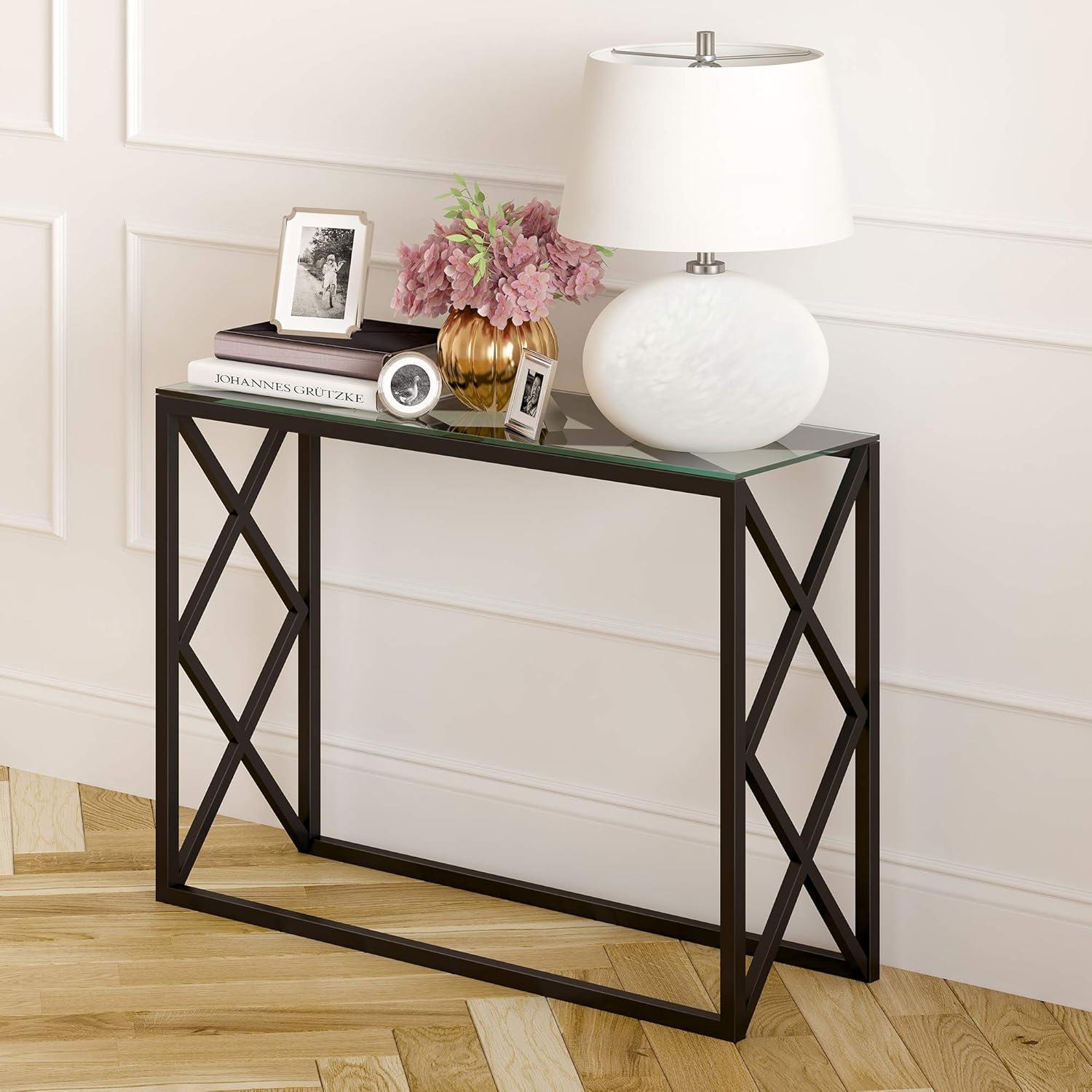 Dixon 42" Blackened Bronze Metal and Glass Console Table with Storage