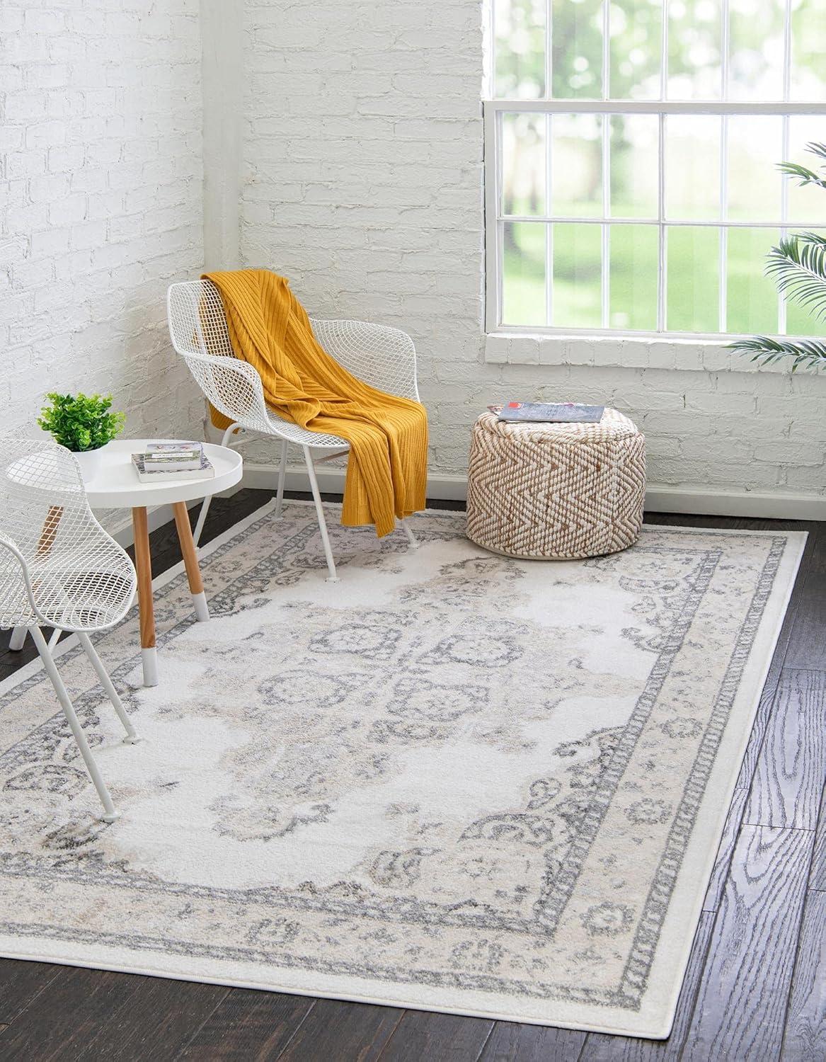 Ivory and Gray Medallion Rectangular Synthetic Area Rug