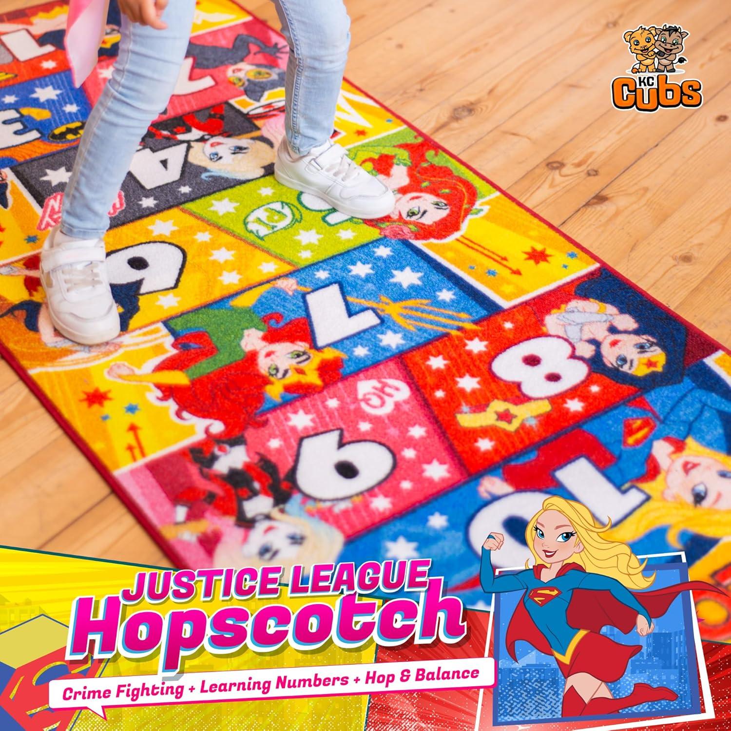 KC CUBS | Justice League Girls Kids Hopscotch Number Counting Educational Learning & Game Play Nursery Bedroom Classroom Rug Carpet, 2' 7" x 6' 0"