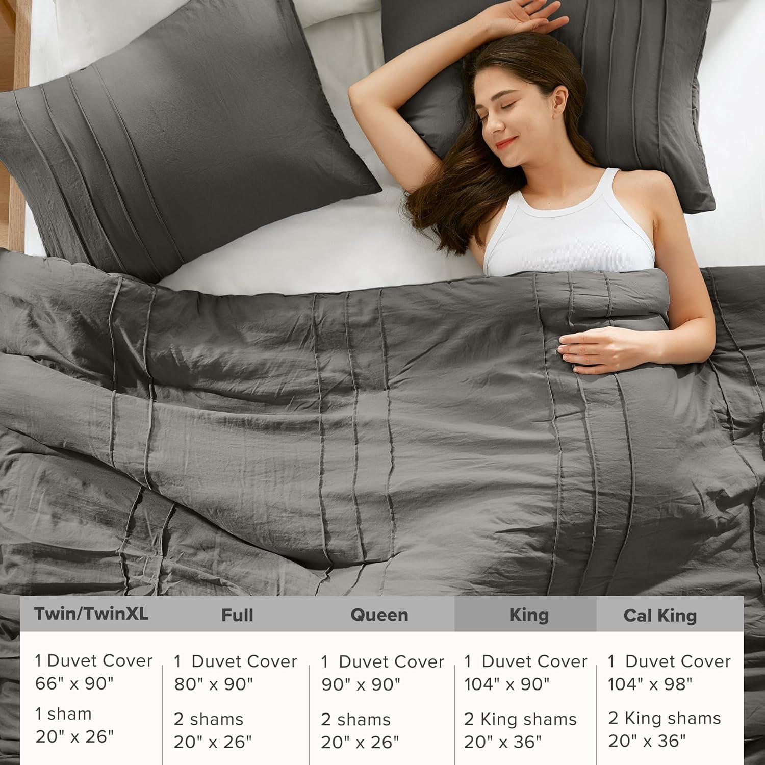 Comfort Spaces Grey King Size Duvet Cover Set - 3 Piece Pintuck Pleated Duvet Cover, All Season Lightweight, Extra Soft Pre-Washed Microfiber King Bedding Cover Shams