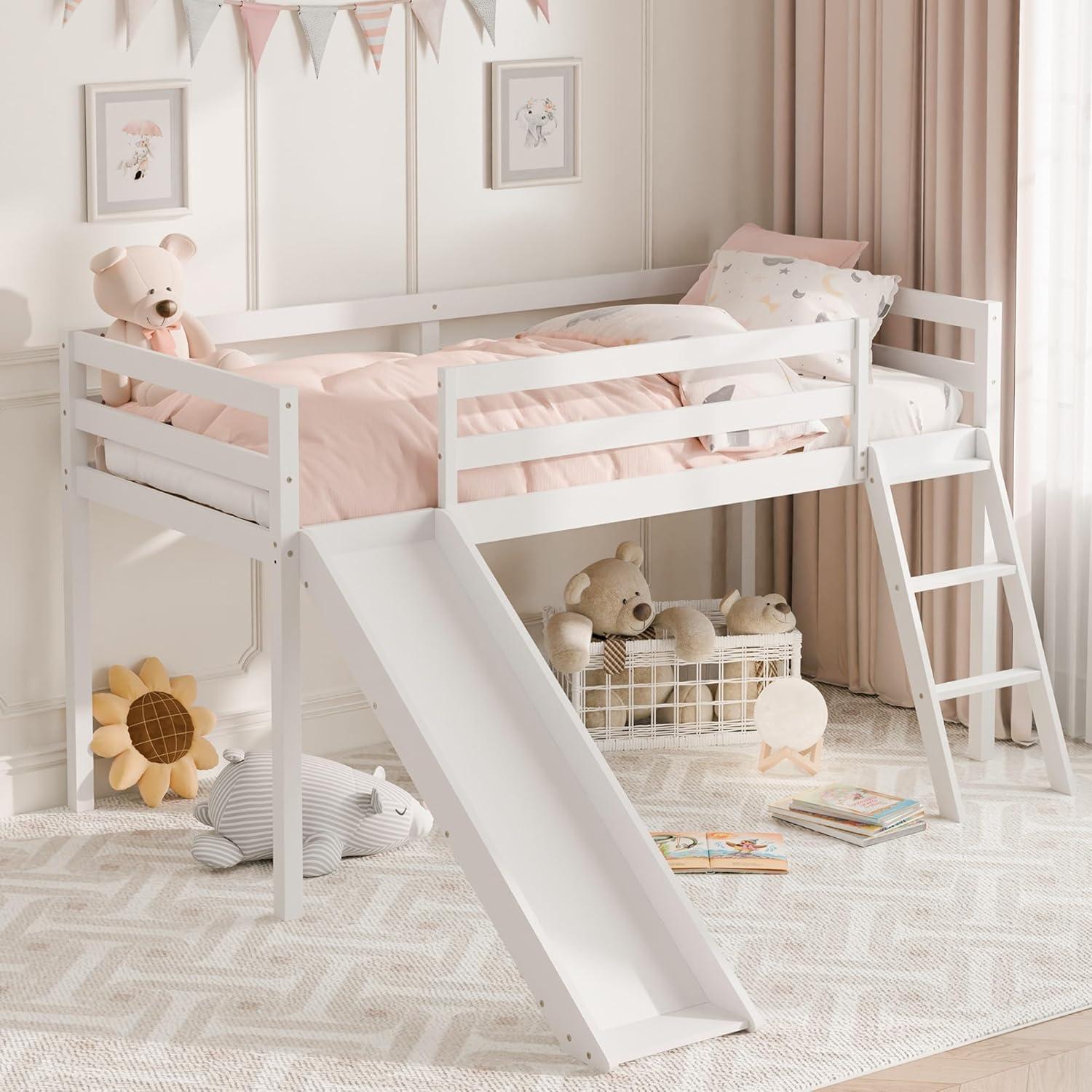Harper & Bright Designs Kids Loft Bed with Slide,Twin Size Low Loft Beds for Girls Boys Solid Pine Wood Toddler Loft Bed with Ladder and Guard Rails,White
