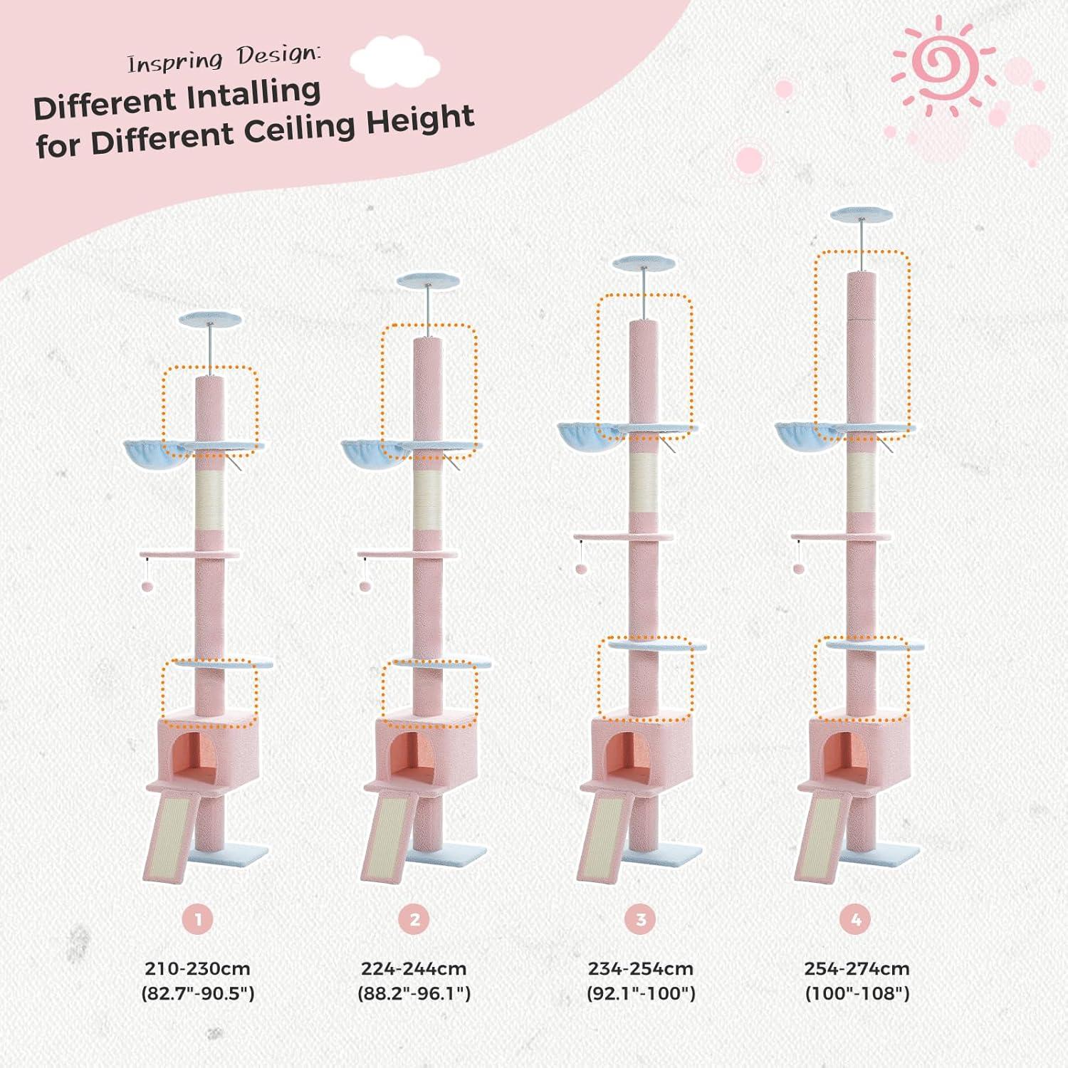 Adjustable Height Floor To Ceiling 5-Tier Tall Cat Tree Tower For Indoor Cats With Cat Condo, Cat Scratching Post And Cat Ladder