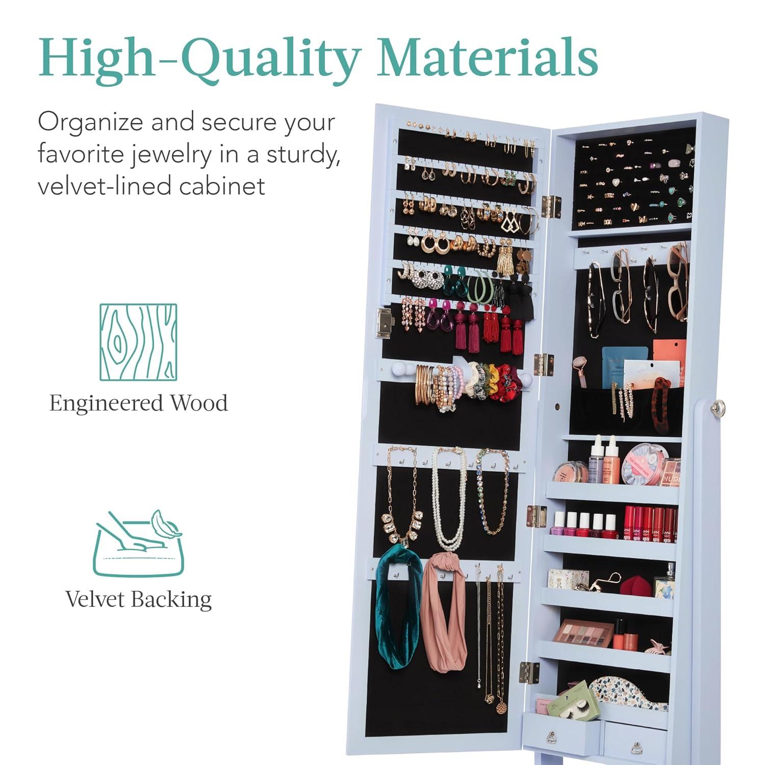 Best Choice Products Jewelry Armoire Cabinet, Full Length Mirror w/ Velvet Storage Interior, Lock - Powder Blue