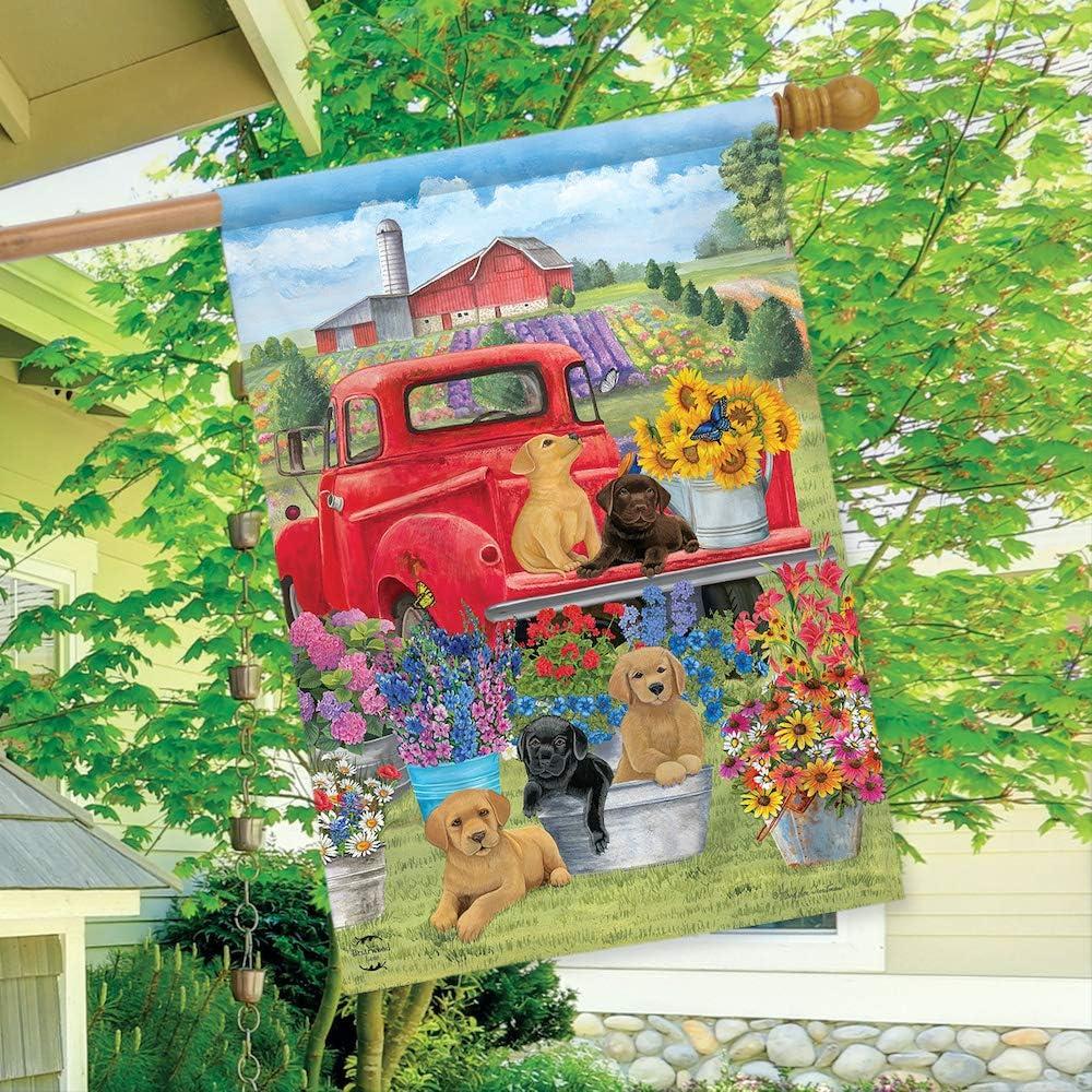 Spring Day Puppies House Flag Red Pickup Truck Floral 28" x 40" Briarwood Lane