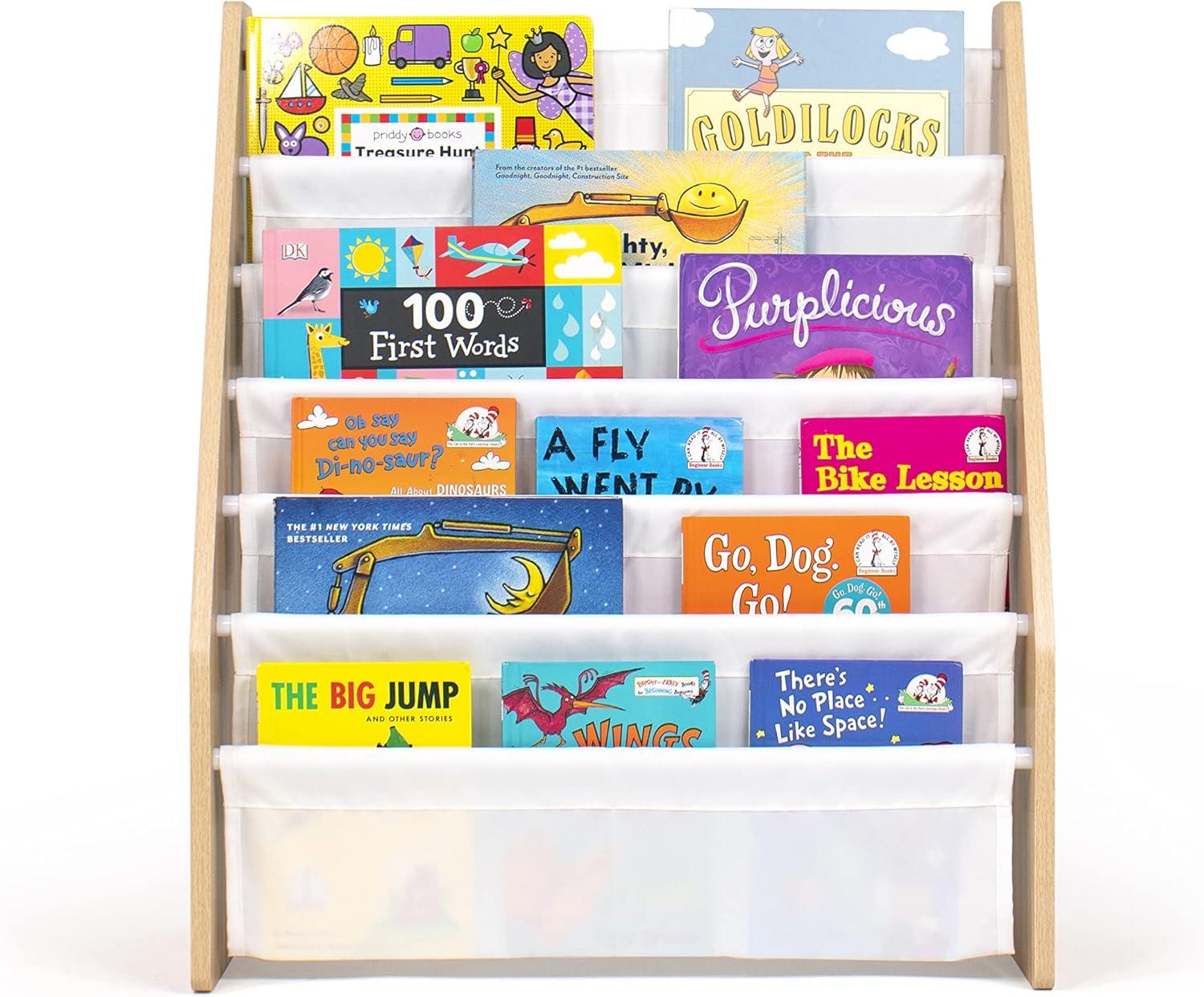 Kids' Supersize 6 Tier Bookrack White/Natural - Humble Crew: Sling Book Rack, MDF Frame, Divided Storage, 30" Height