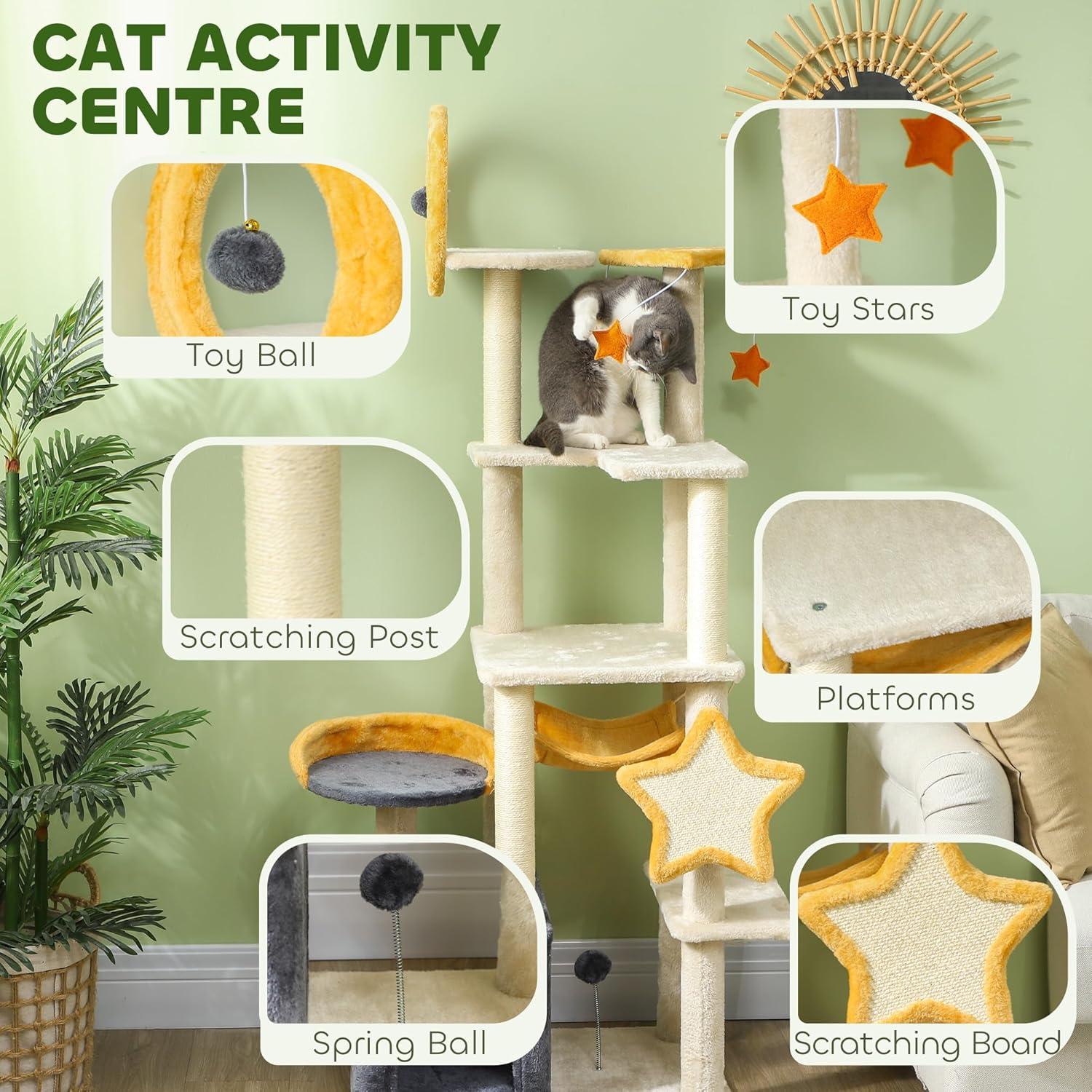 PawHut Cat Tree, 63 Inch Moon and Star Themed Cat Tower with Scratching Post, Hammock, Condo, Bed, Scratching Board & Cat Toys, Beige