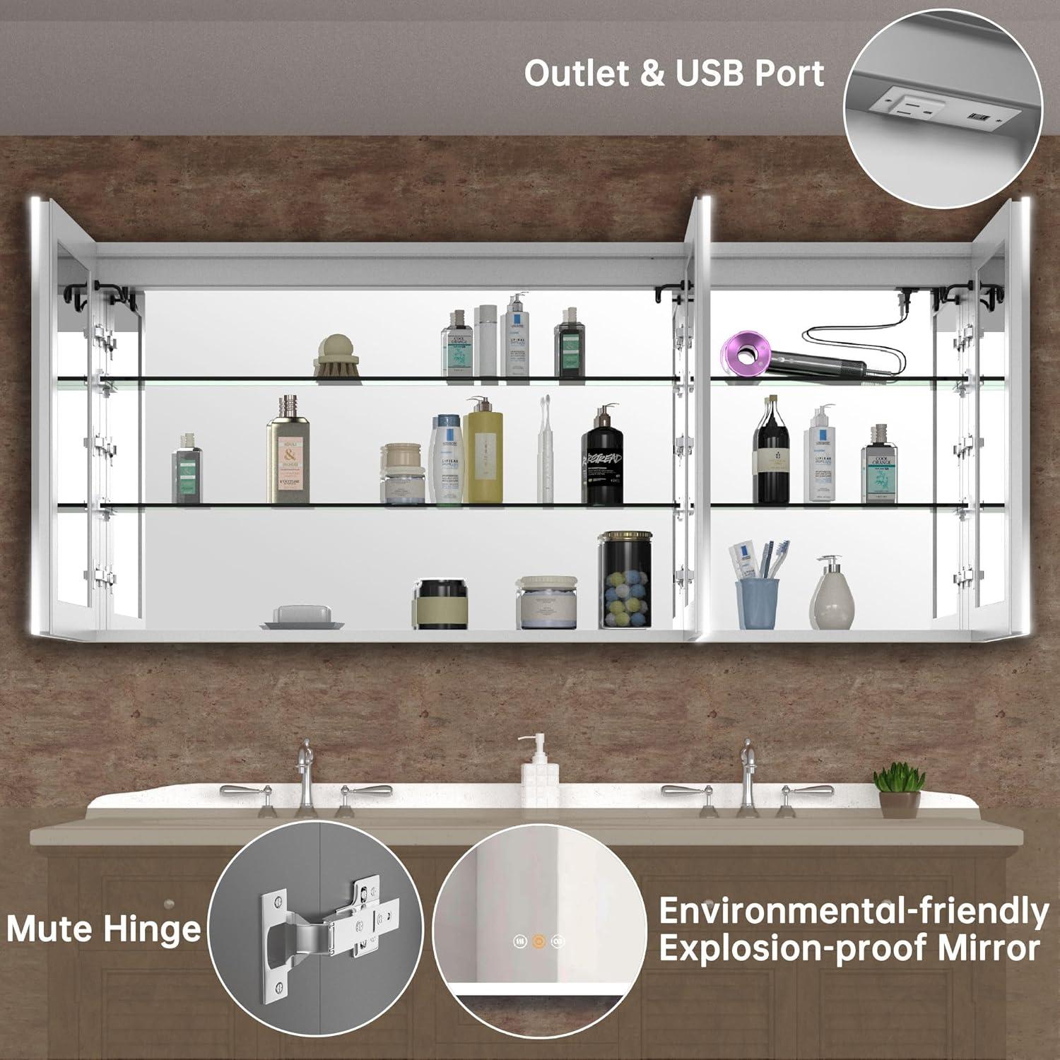 60 in. W x 36 in. H Rectangular Aluminum Big Storage Surface Mount Medicine Cabinet with Mirror in Grey and USB Outlet