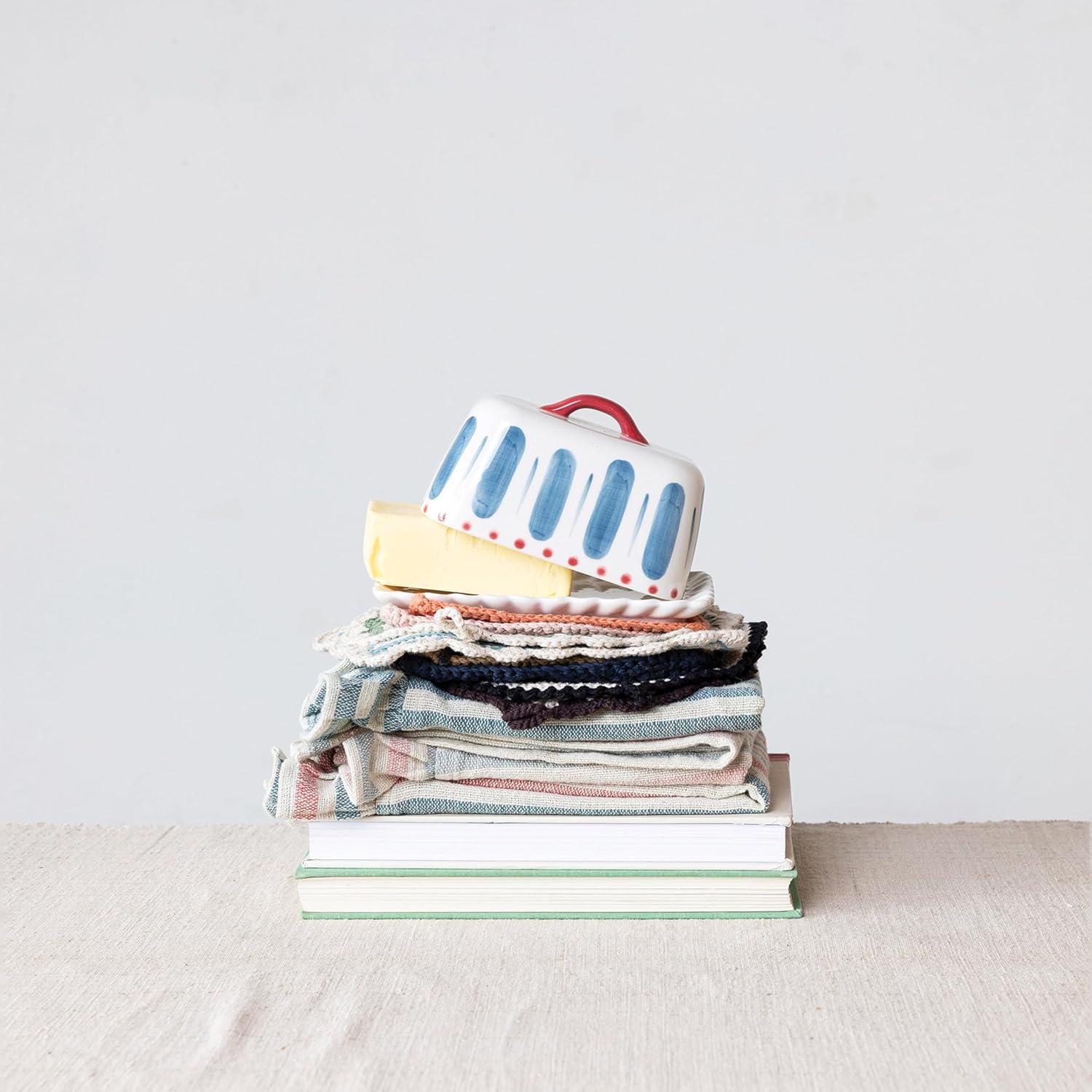 Hand-Painted Stoneware Butter Dish with Scalloped Edge