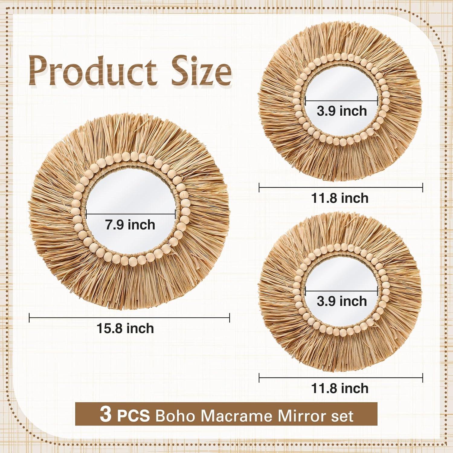 Natural Raffia and Bead Round Wall Mirrors Set