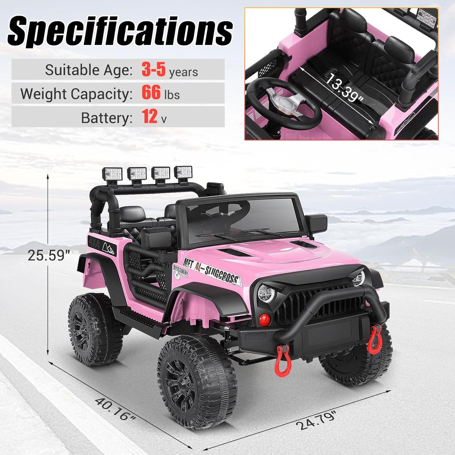 Kids Electric Cars Ride on Jeeps, 12V Ride On Car Truck with Remote Control, Battery Power Car Wheels w/Bluetooth, Music, 3 Speeds, Suspension, Electric Vehicles Toys for Girls, Pink