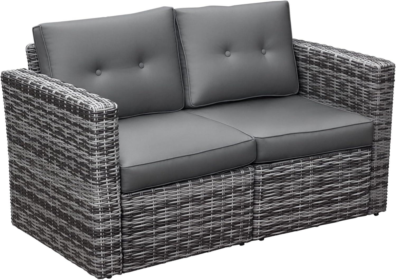 Outsunny 2 Piece Patio Wicker Corner Sofa Set, Outdoor PE Rattan Furniture, with Curved Armrests and Padded Cushions for Balcony, Gray