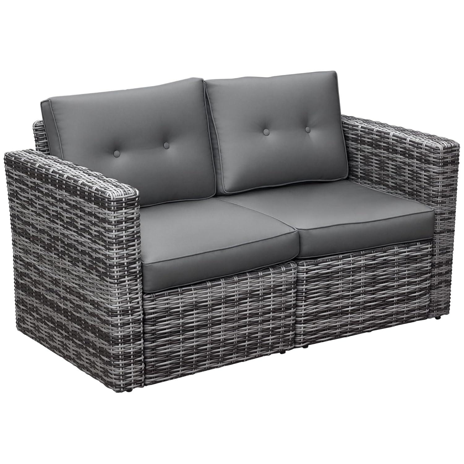 Outsunny 2 Piece Patio Wicker Corner Sofa Set, Outdoor PE Rattan Furniture, with Curved Armrests and Padded Cushions for Balcony, Gray