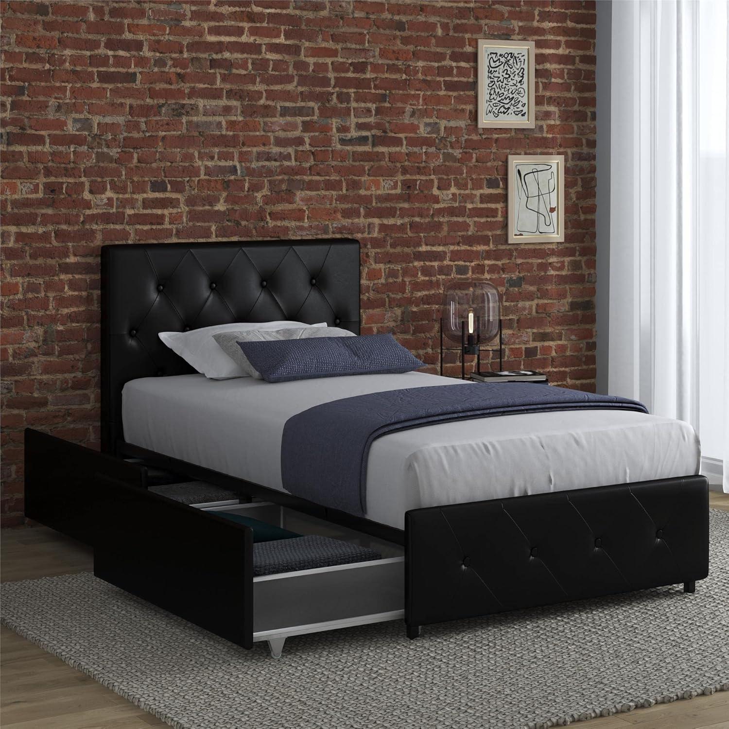 DHP Dakota Tufted Upholstered Storage Bed Frame, Twin, Black Faux Leather