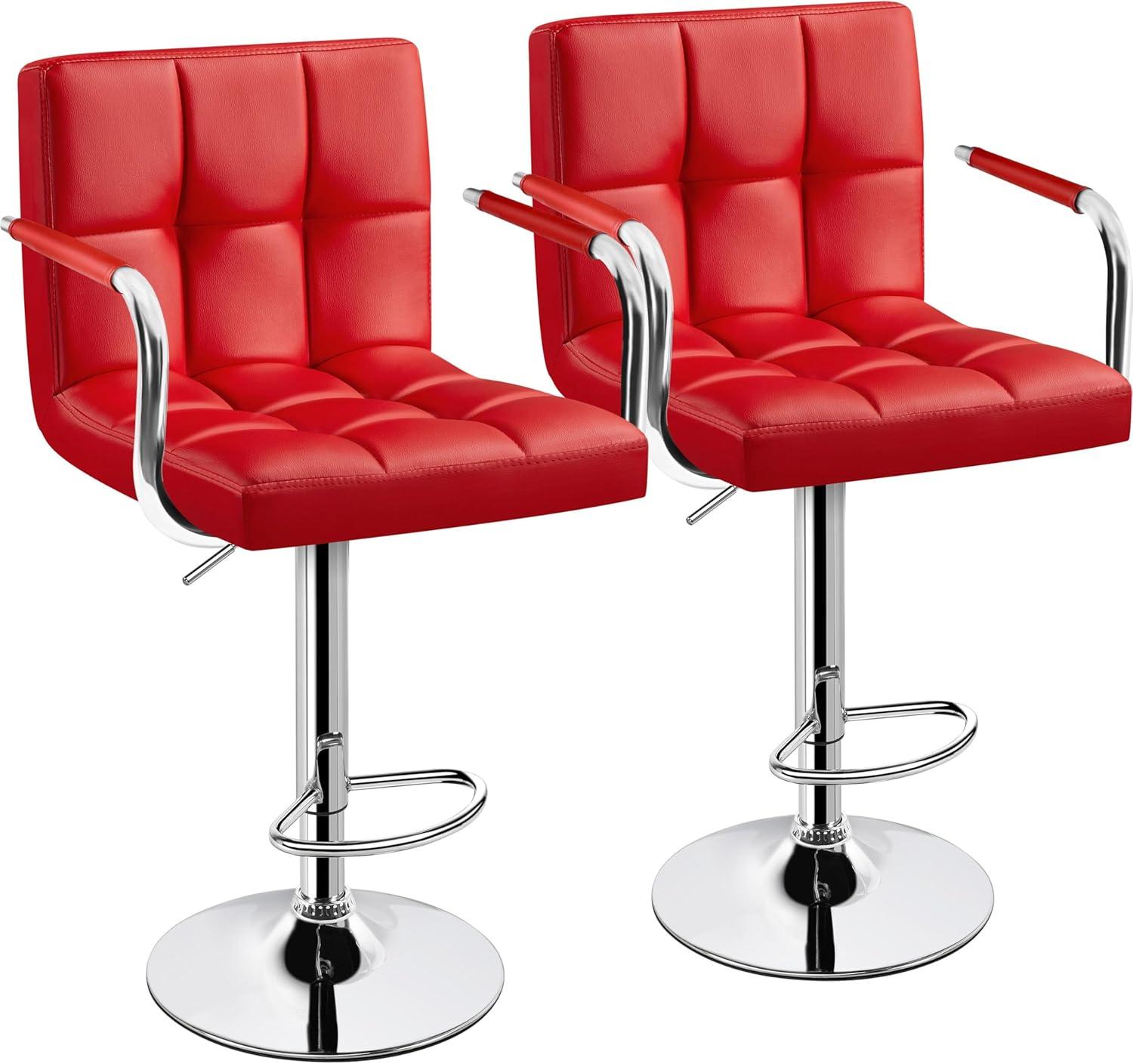Killeryuki Tall Bar Stools Set of 2 Modern Square PU Leather Adjustable BarStools Counter Height Stools with Arms and Back Bar Chairs 360° Swivel Stool, Red