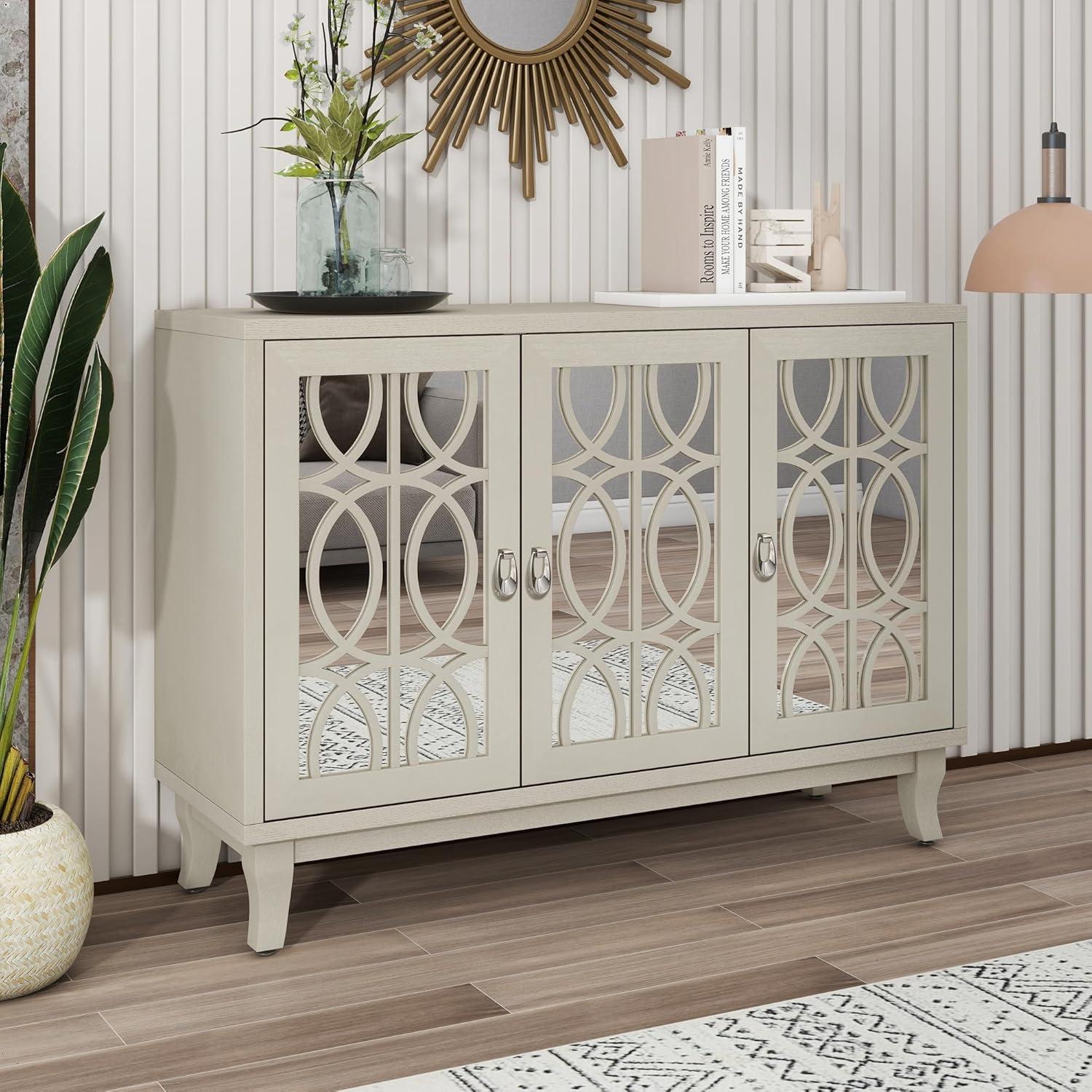 Champagne Gold Mirrored 3-Door Sideboard with Silver Handles