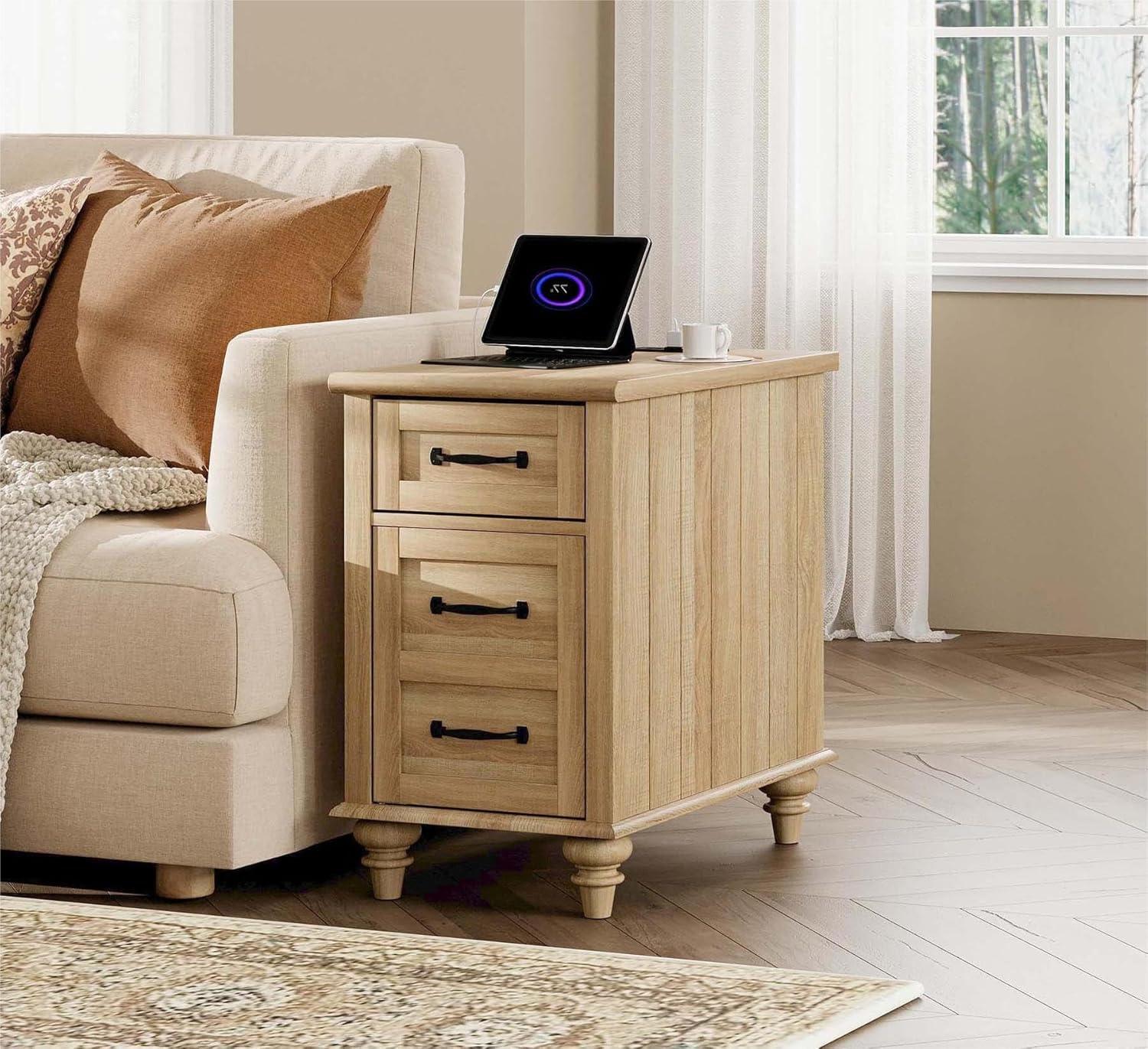 WAMPAT Farmhouse End Table with Charging Station, Light Wood Sofa Side Table with Storage Cabinet, Narrow Night Stand Bedside Table with Drawer for Living Room, Bedroom, Oak