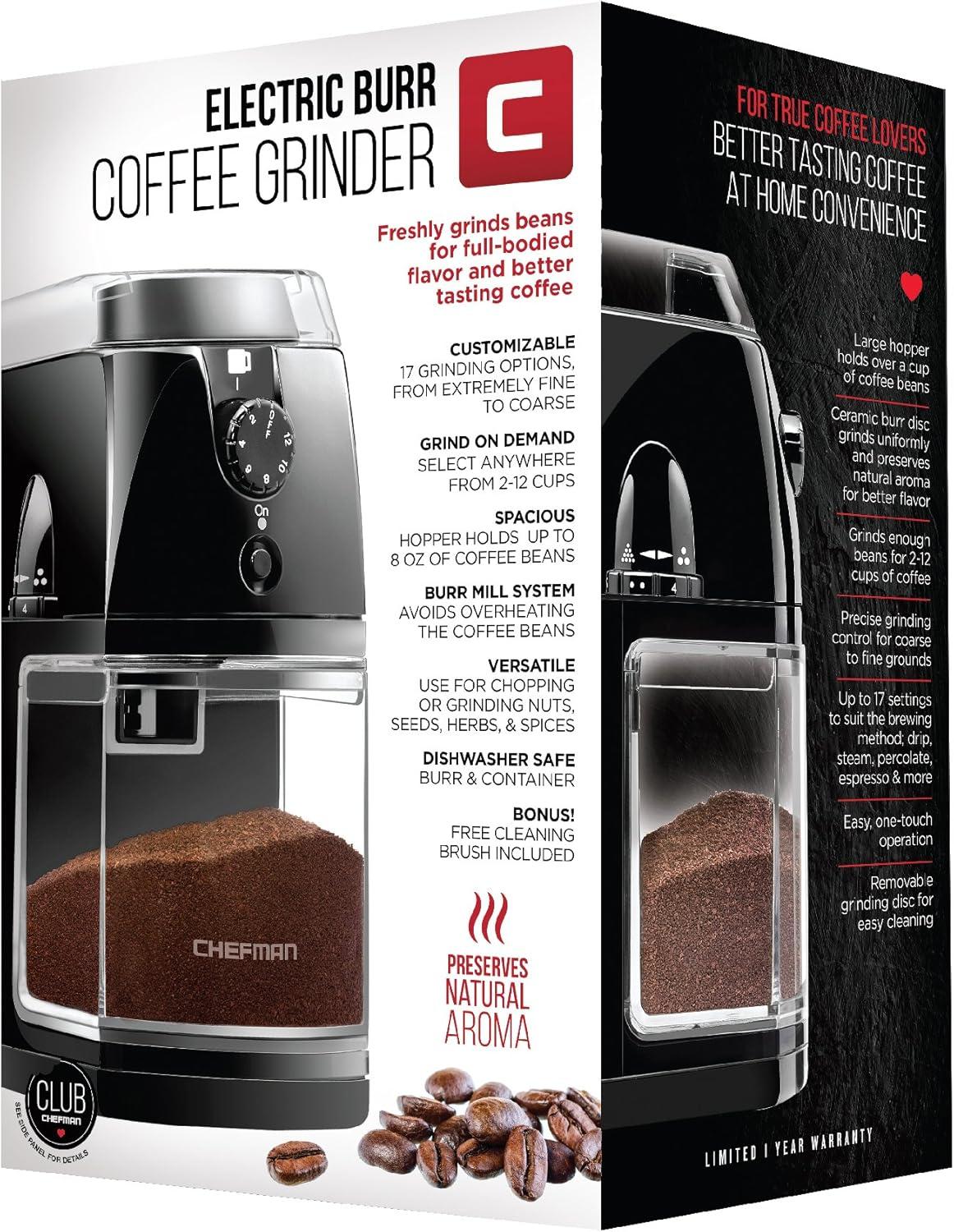 Chefman Coffee Grinder Electric Burr Mill 8oz Beans Large Hopper Easy One Touch Operation, Cleaning Brush Included Black