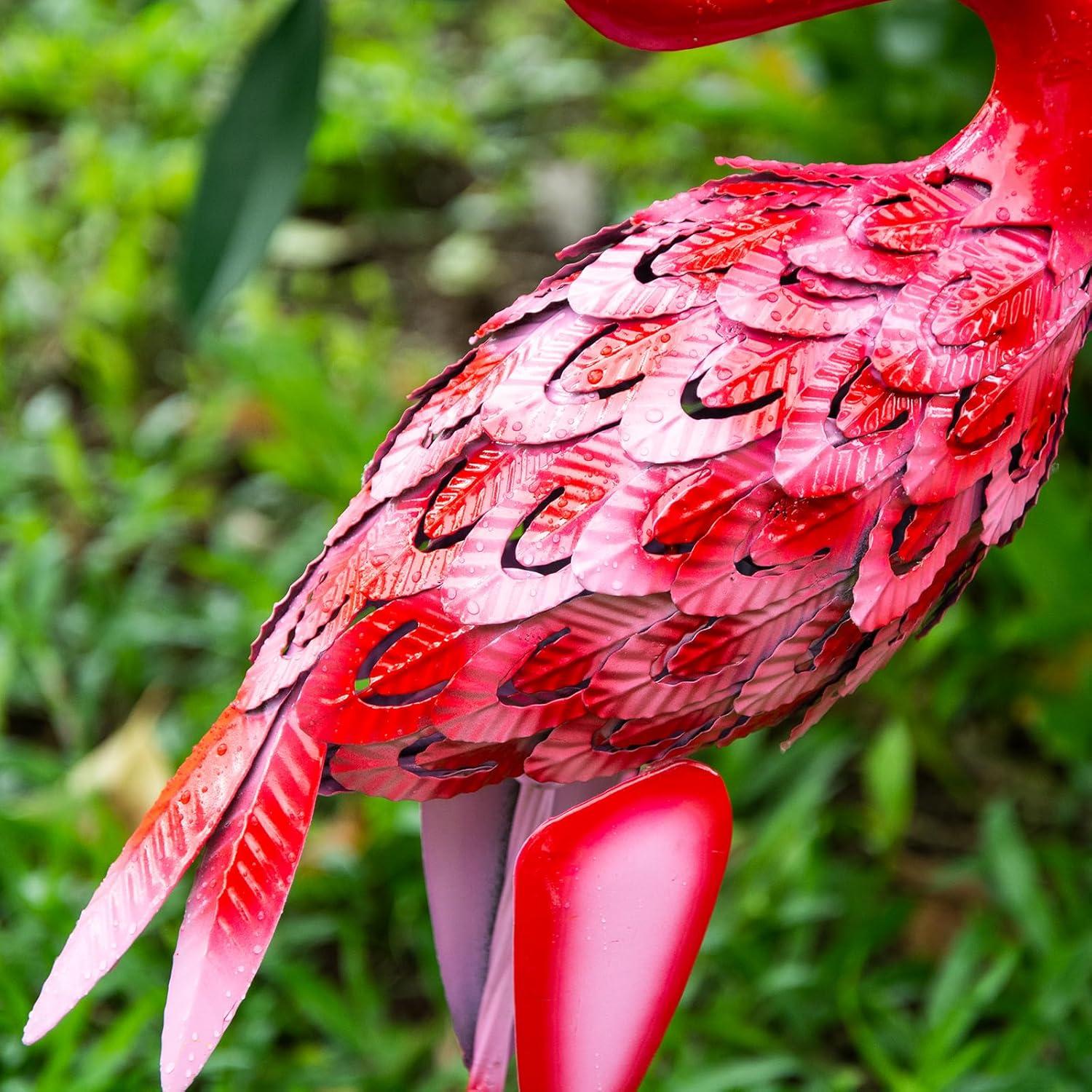 Red Metal Flamingo Garden Sculptures, Set of 2