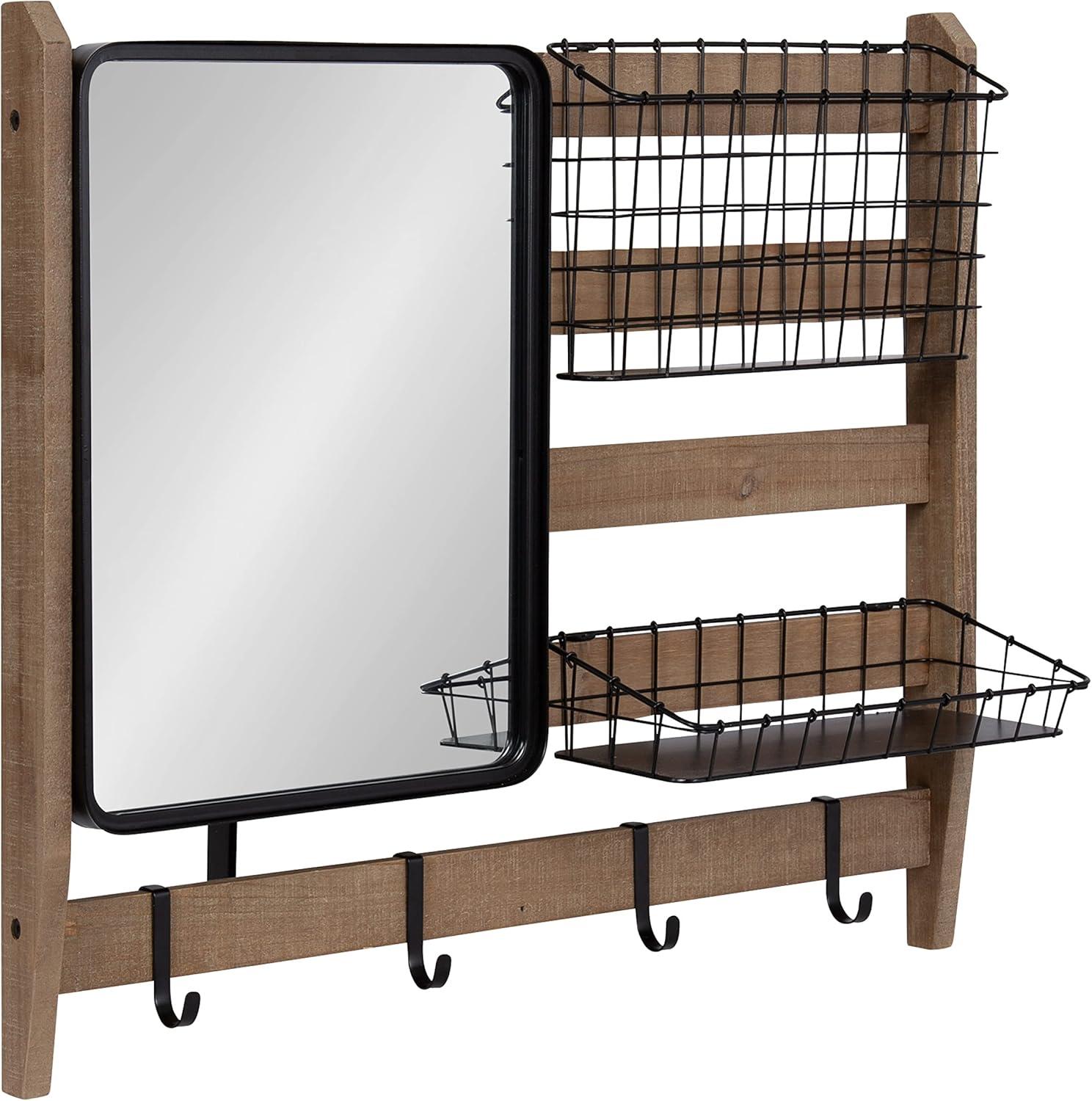 Rustic Brown Wall Organizer with Mirror and Hooks