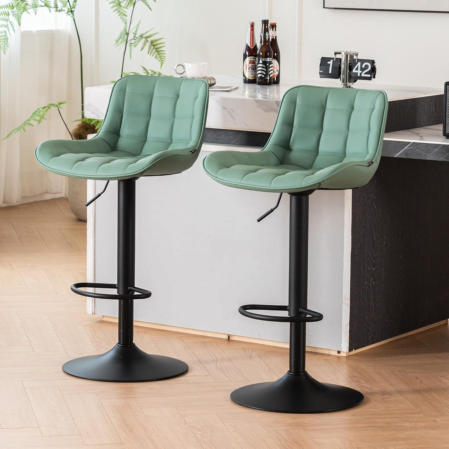 YOUNIKE Faux Leather Upholstered Bar stools Set of 2, Adjustable Swivel Bar Chair, Counter Height Chairs with Back and Footrest, Olive Green