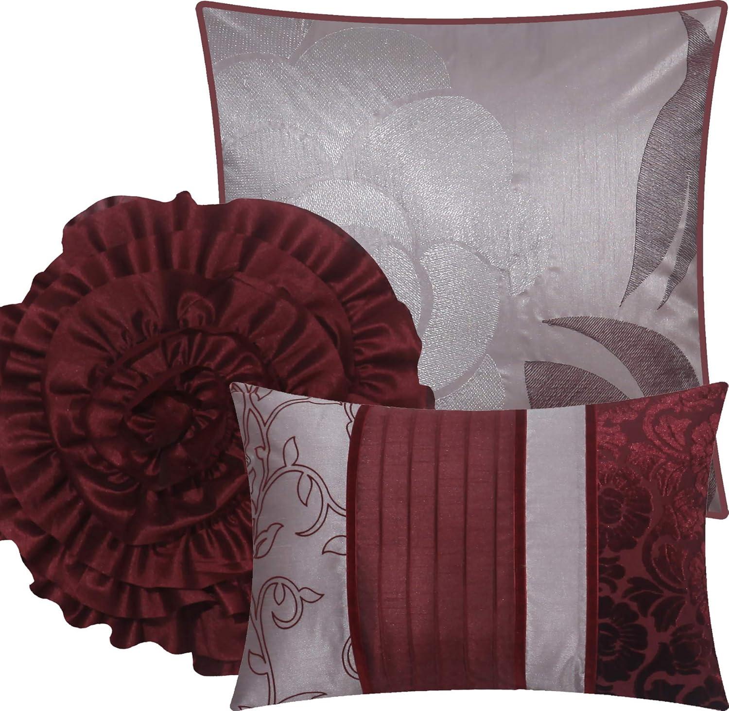 King Size 7 Piece Burgundy Brown Embroidery Soft Bedding Comforter Set