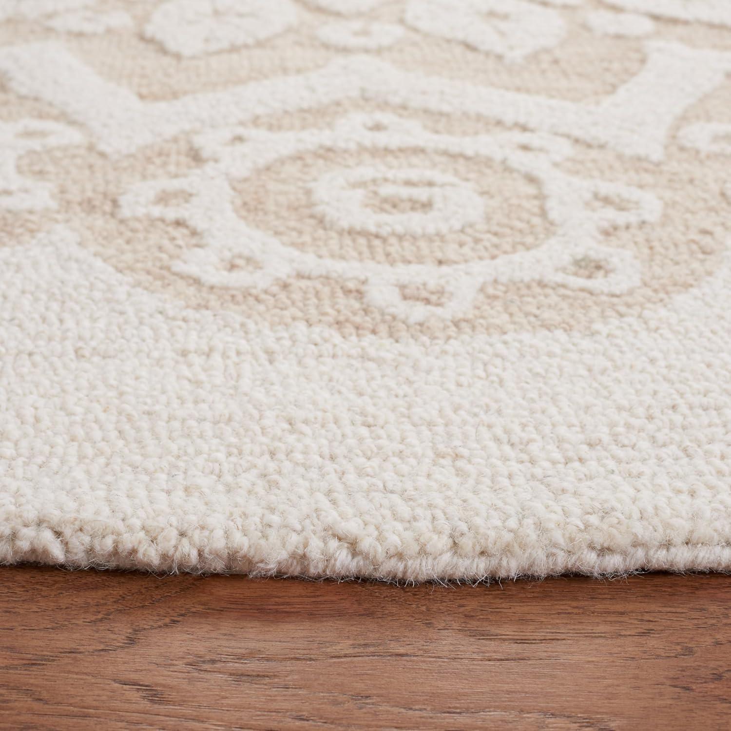 Ivory and Light Brown Round Floral Wool Tufted Area Rug