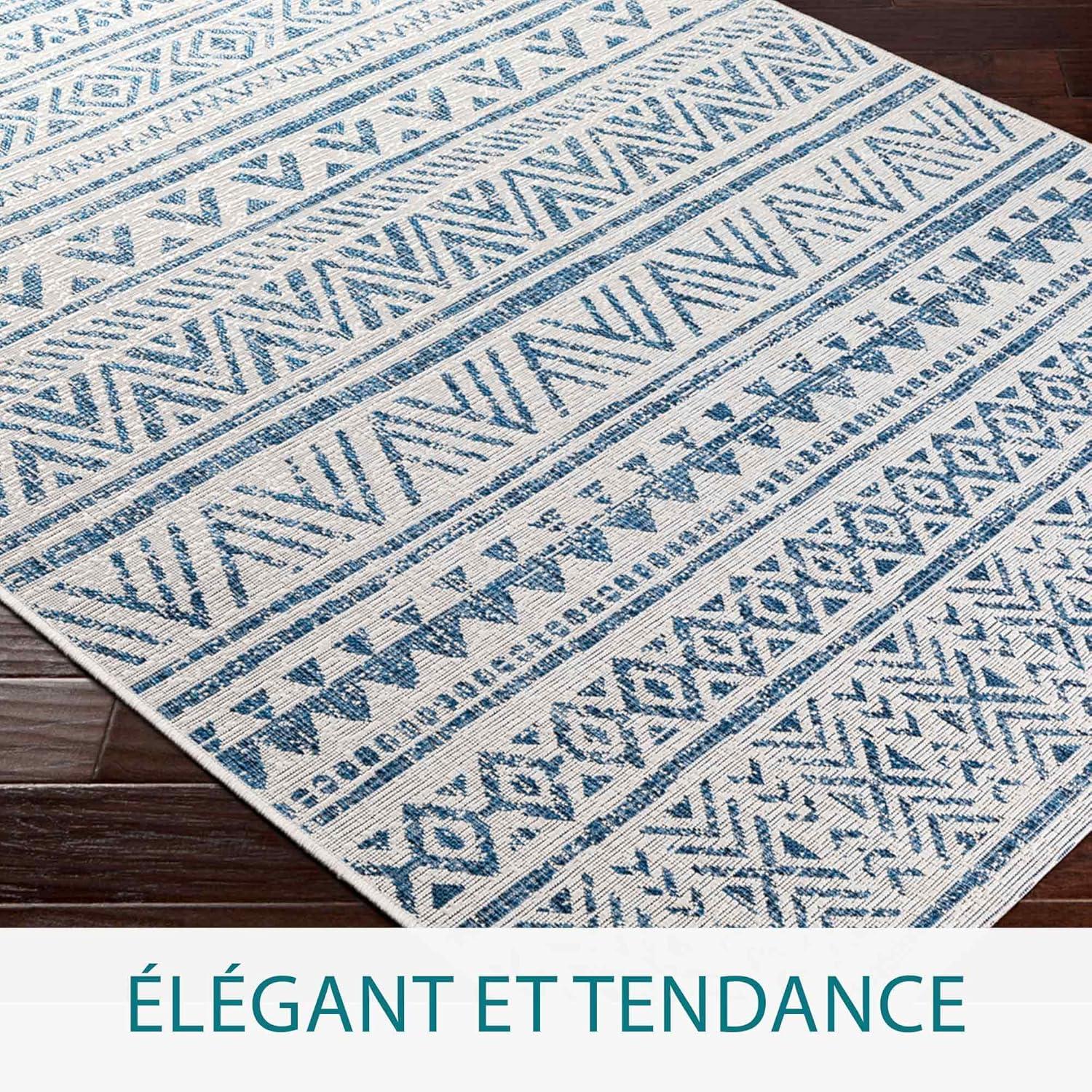 Blue and White Flat Woven Synthetic 10' x 14' Area Rug