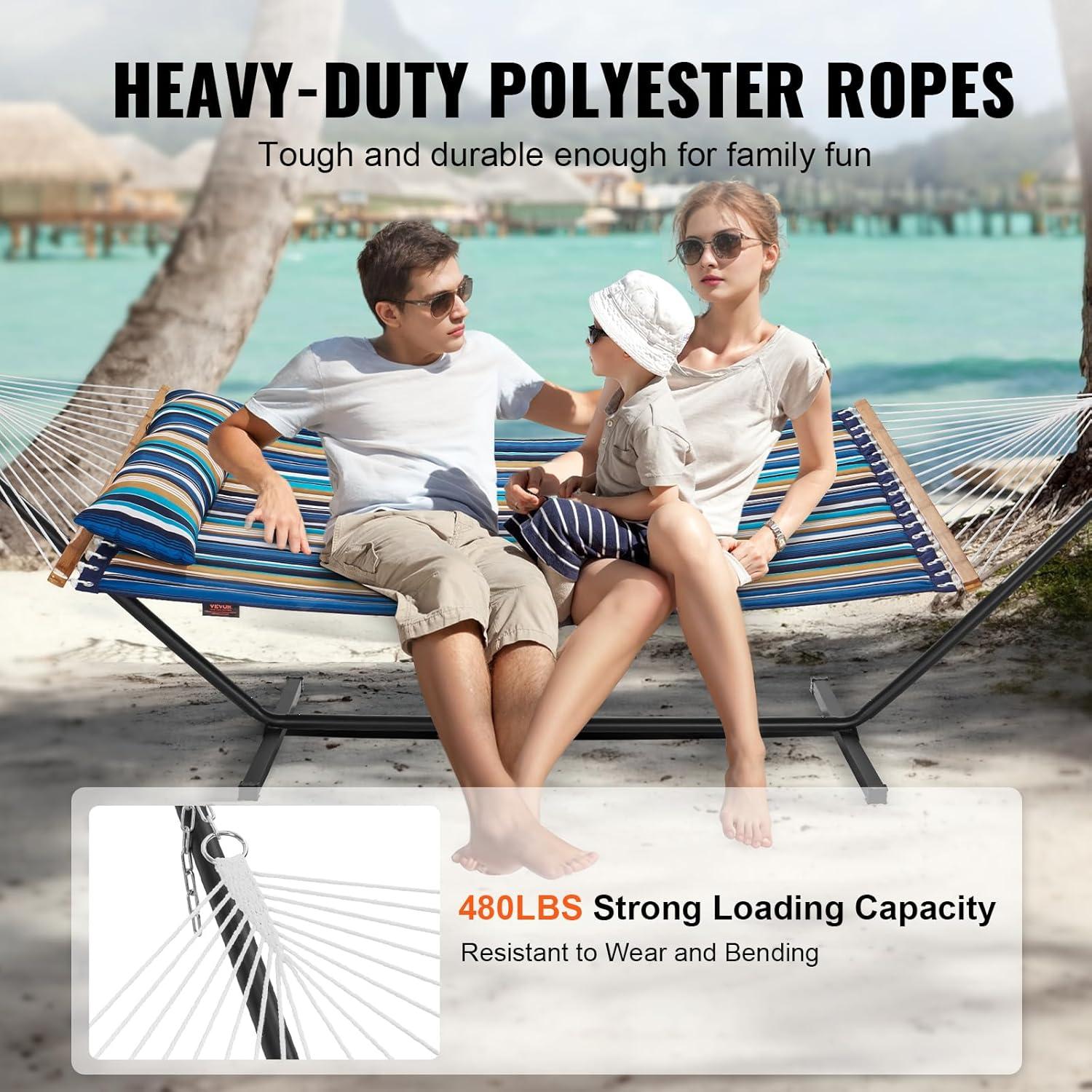 2 Person 12.3 ft Hammock with Stand Included Double Hammock with Curved Spreader Bar and Detachable Pillow