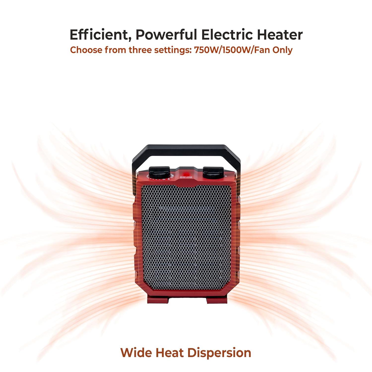 Comfort Zone Utility Space Heater with Foldable Handle for Indoor Use, Adjustable Thermostat, Fan Only Setting, Safety Tip-Over Switch & Overheat Protection