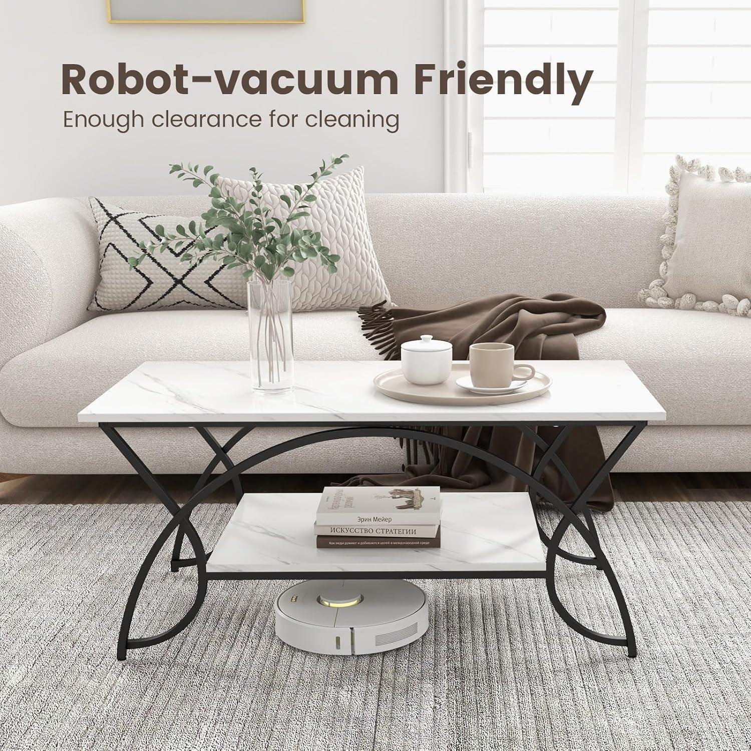 Kepooman Coffee Table,Center Table, Modern Sofa Table Tea Table,2-Tier Faux Marble Coffee Table with Marble Top and Metal Frame-Black & White